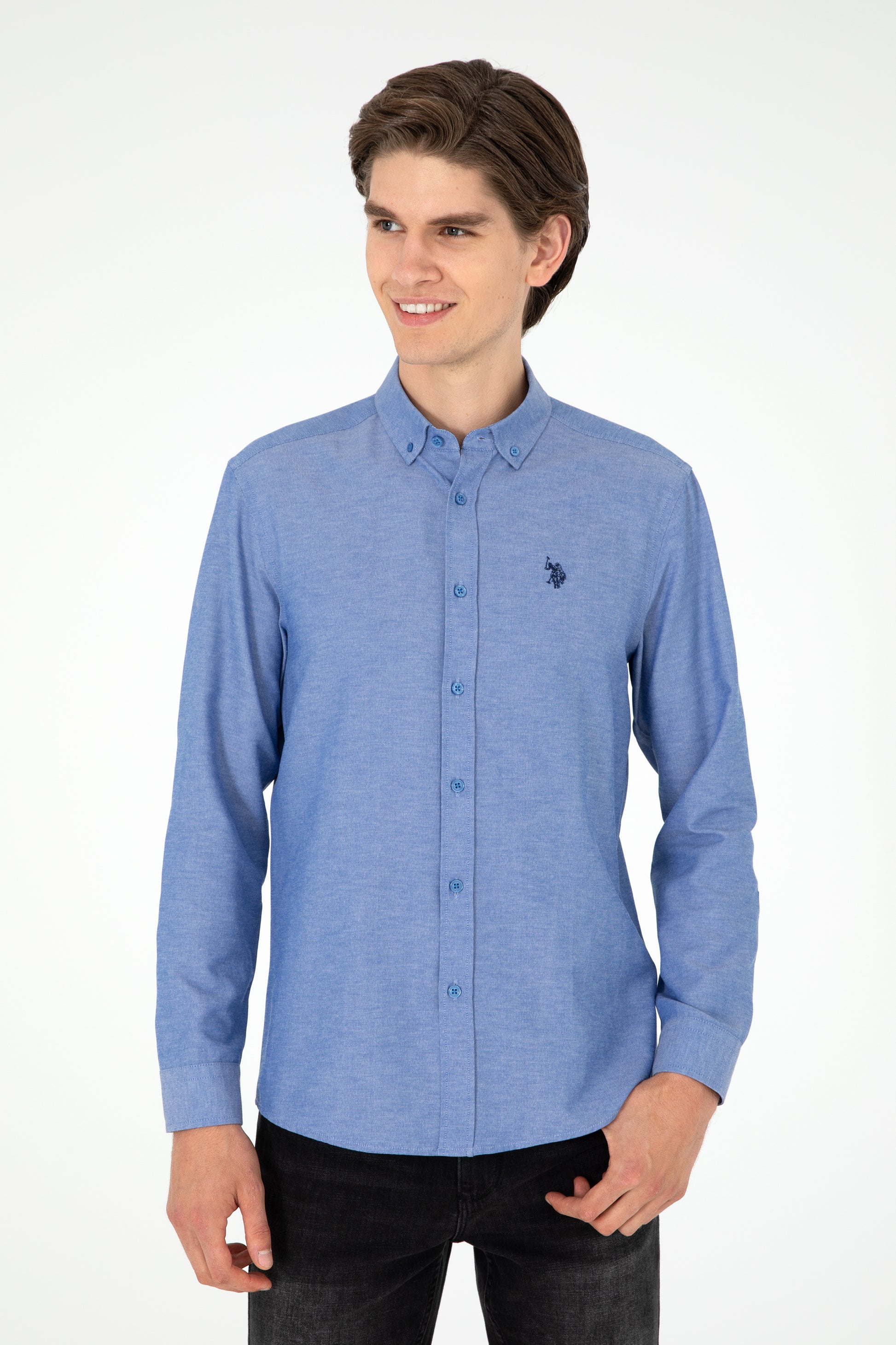 Men's Dark Blue Long Sleeve Basic Shirt