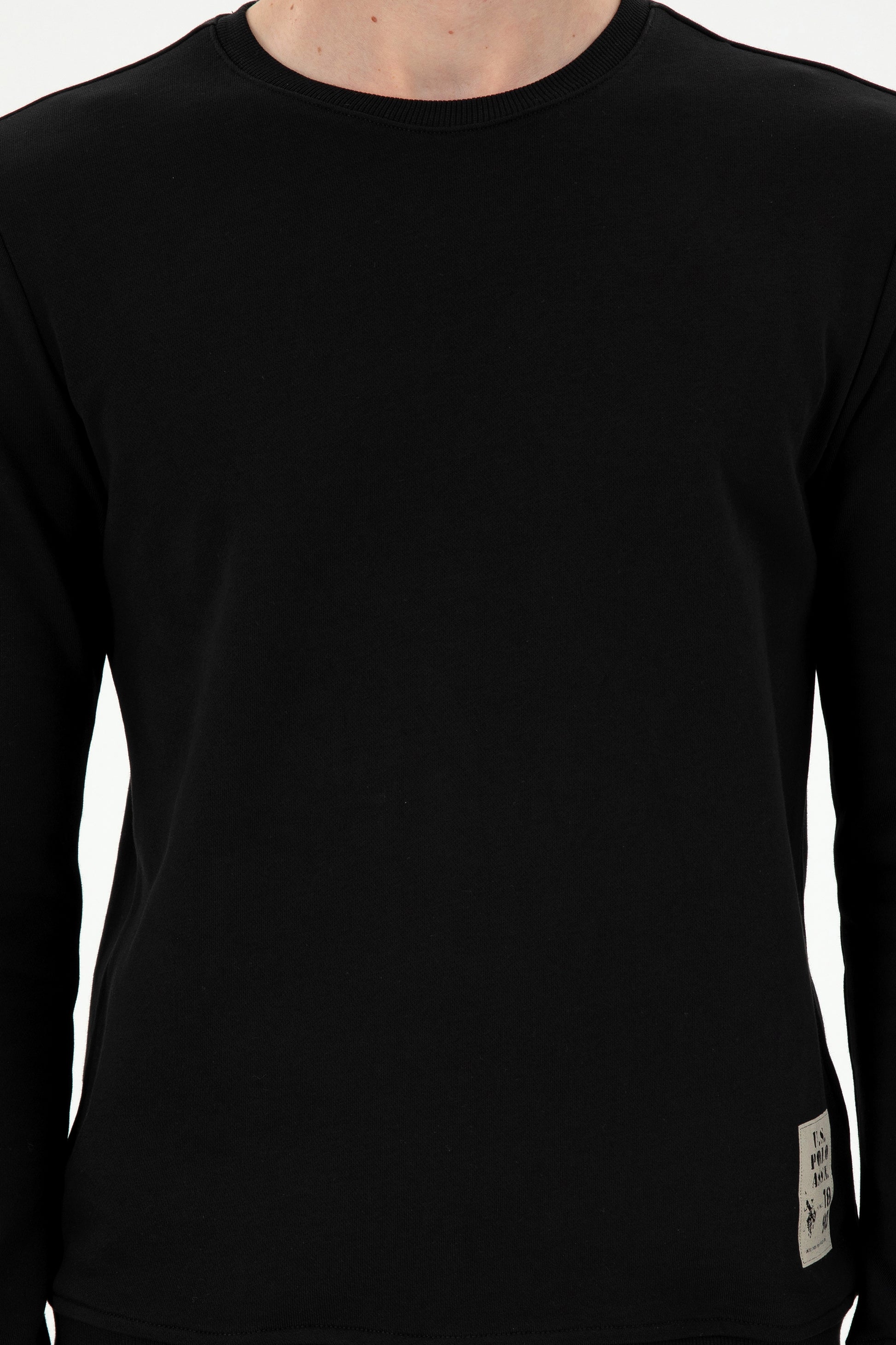 Men's Regular Fit Crew Neck Label Print Black Sweatshirt