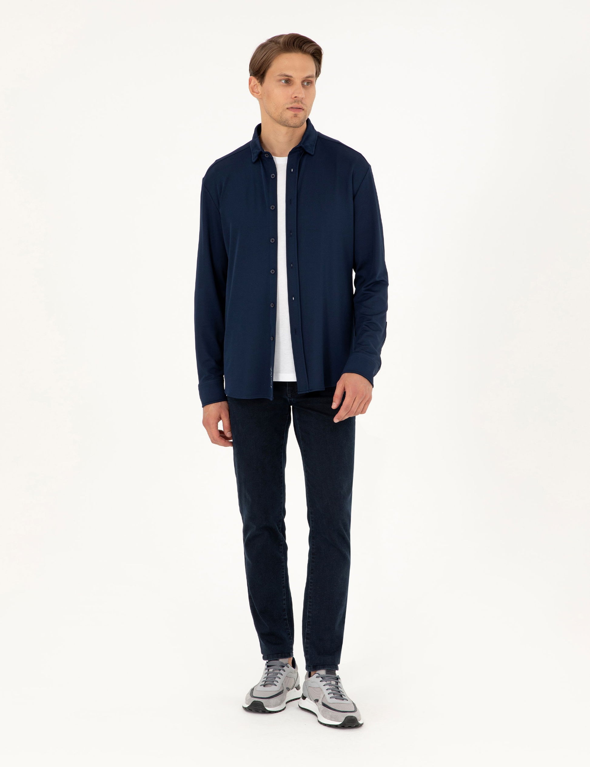 Navy Blue Slim Fit Knitted Shirt