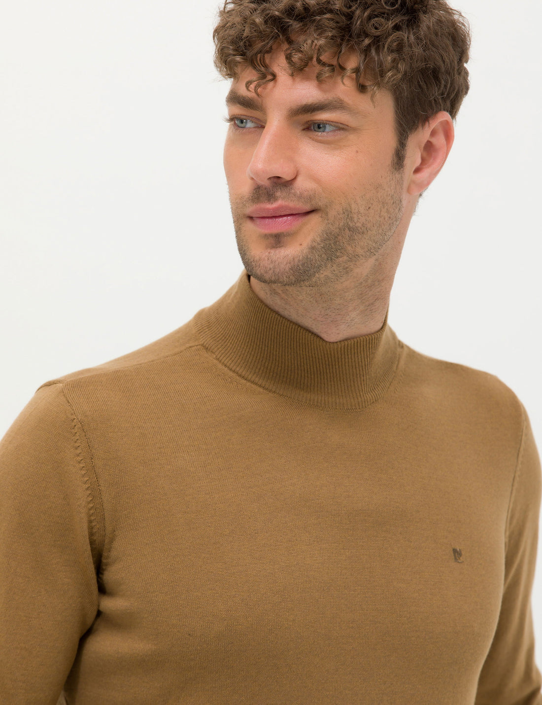 Camel Melange Slim Fit Half Turtleneck Basic Sweater