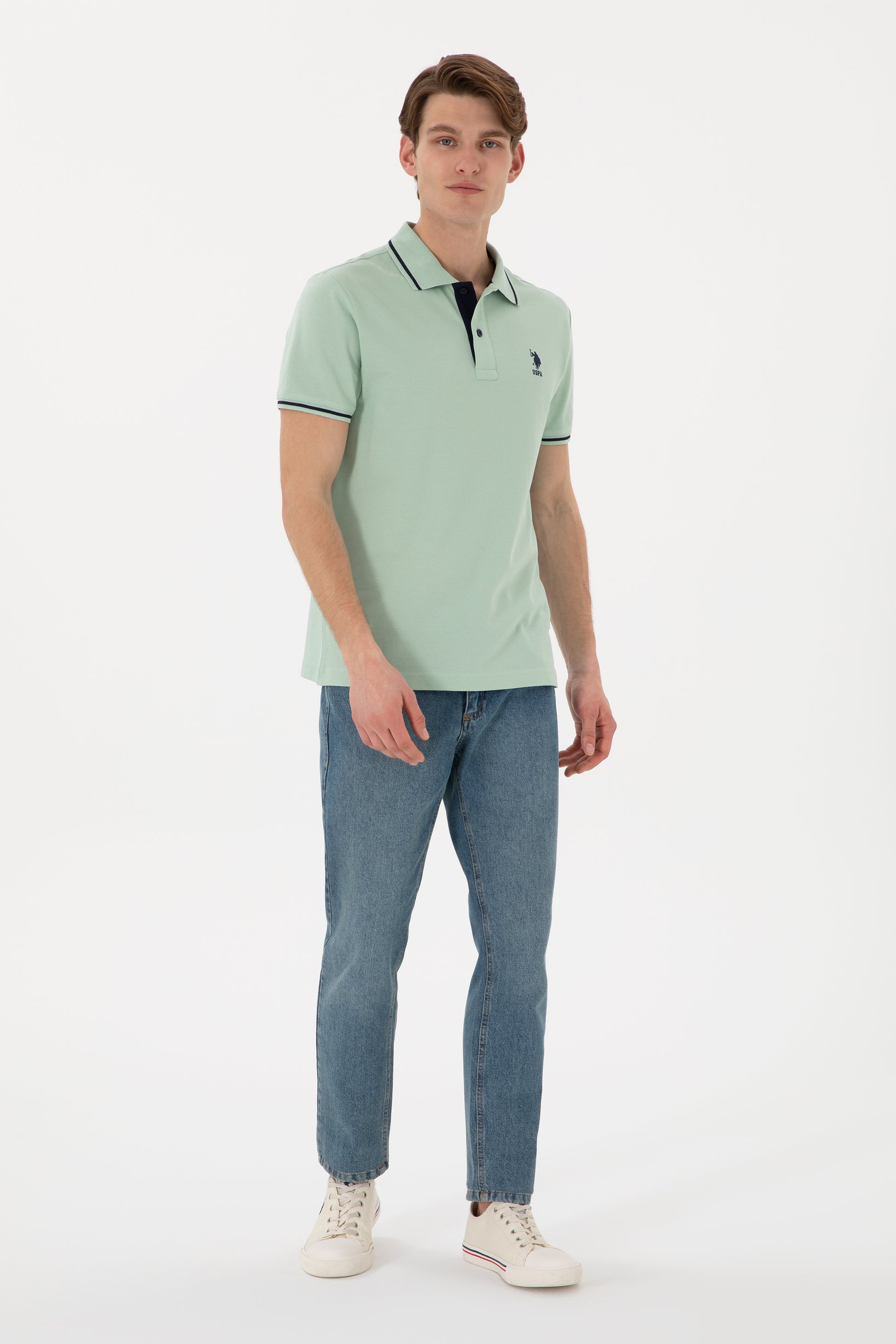 Men's Slim Fit Polo Neck Water Green Basic T-Shirt