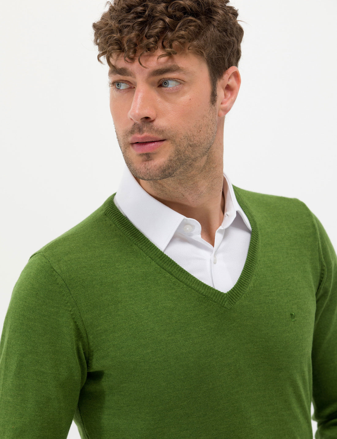 Green Slim Fit V Neck Basic Knitwear Sweater