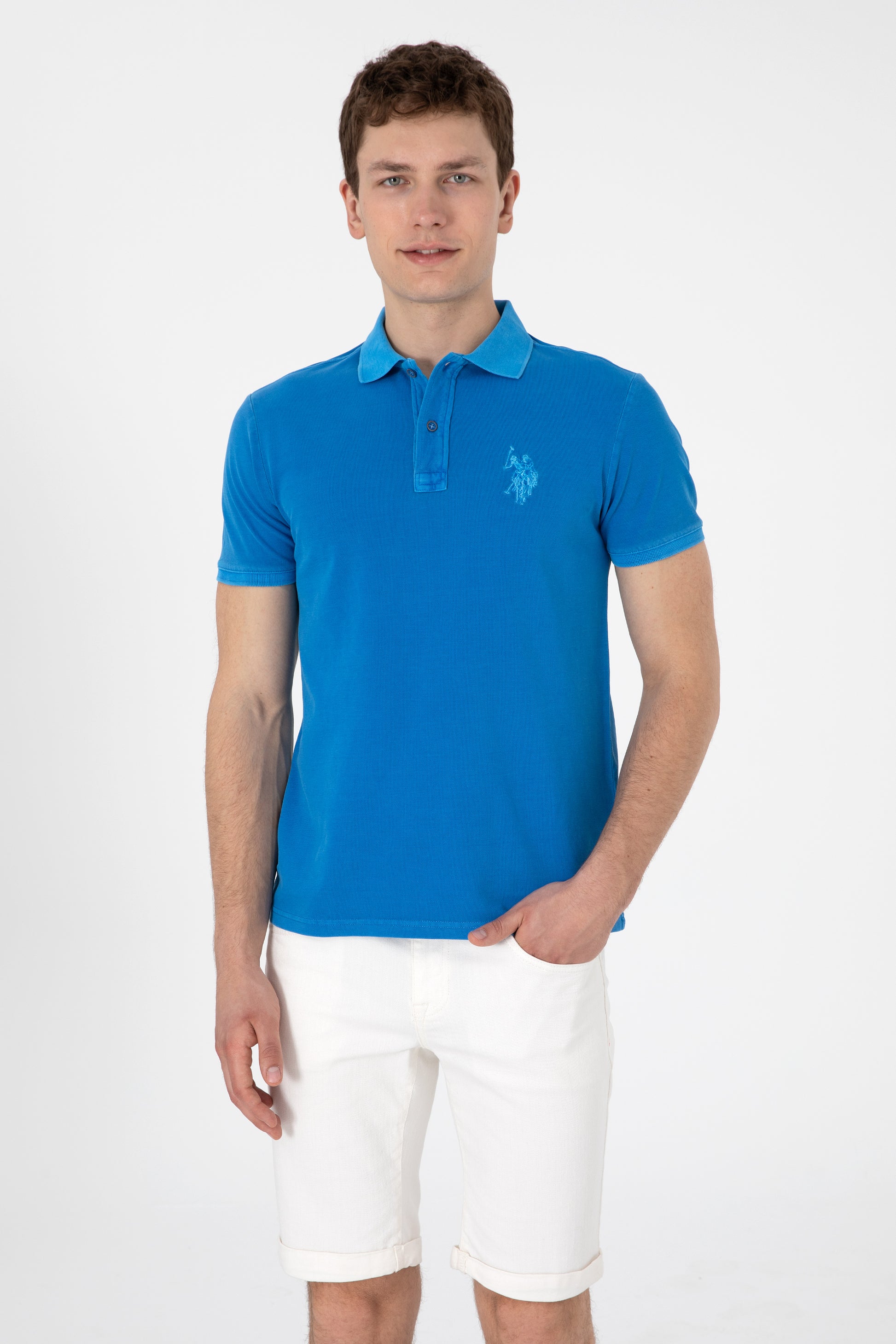 Men's Slim Fit Polo Neck Cobalt Wash Basic T-Shirt