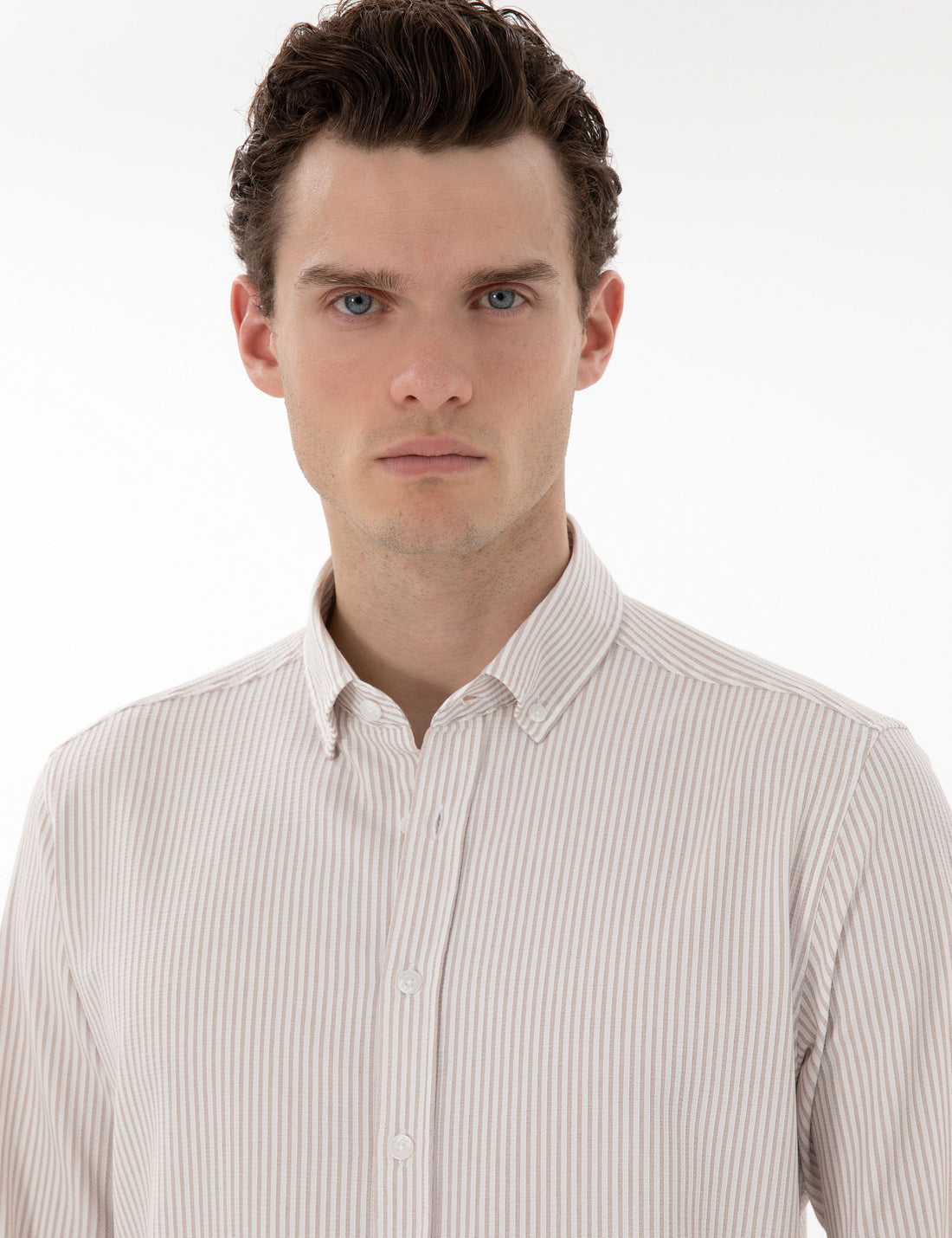 Beige Slim Fit Striped Long Sleeve Shirt