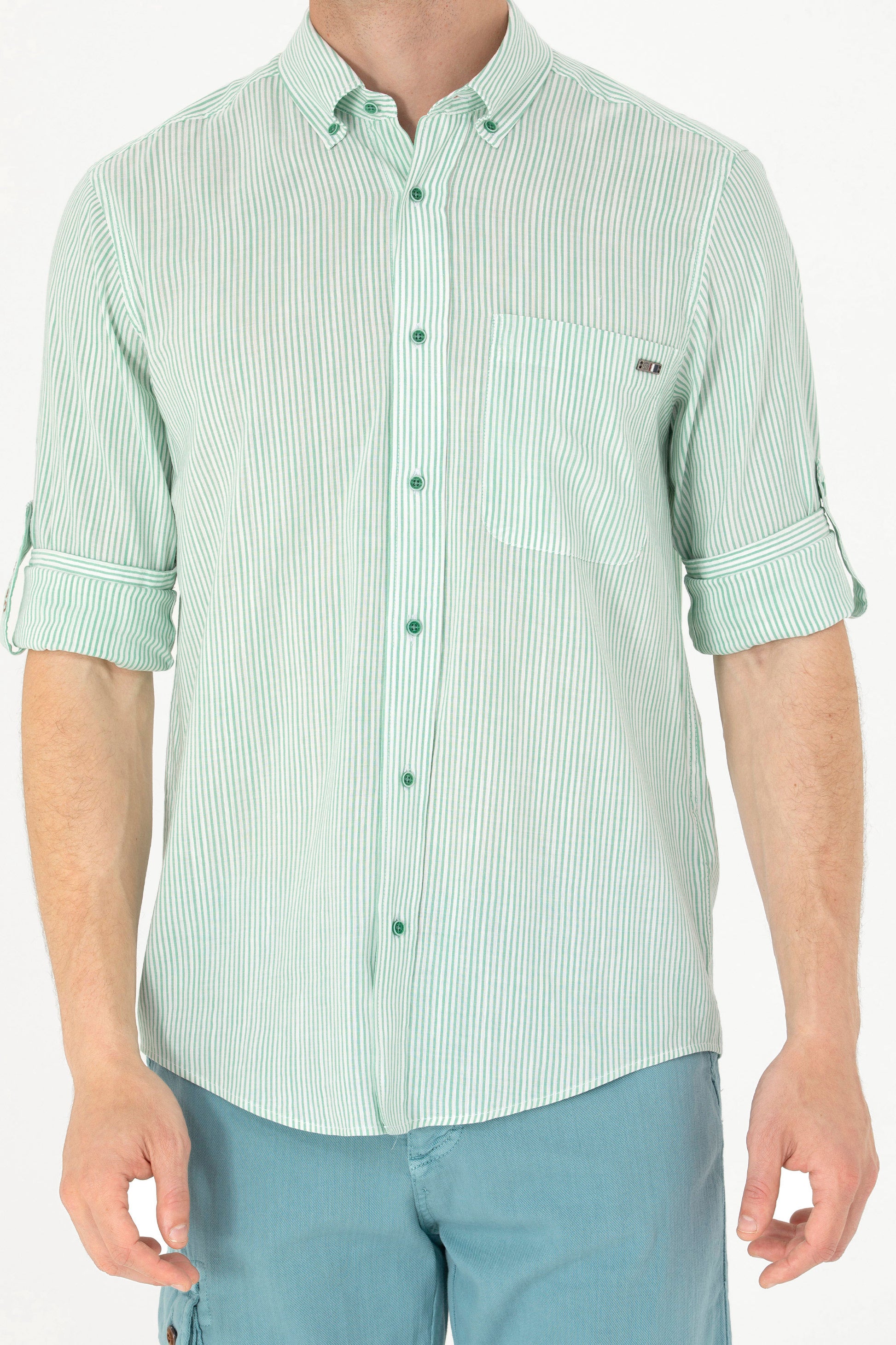 Men's Green Striped White Shirt