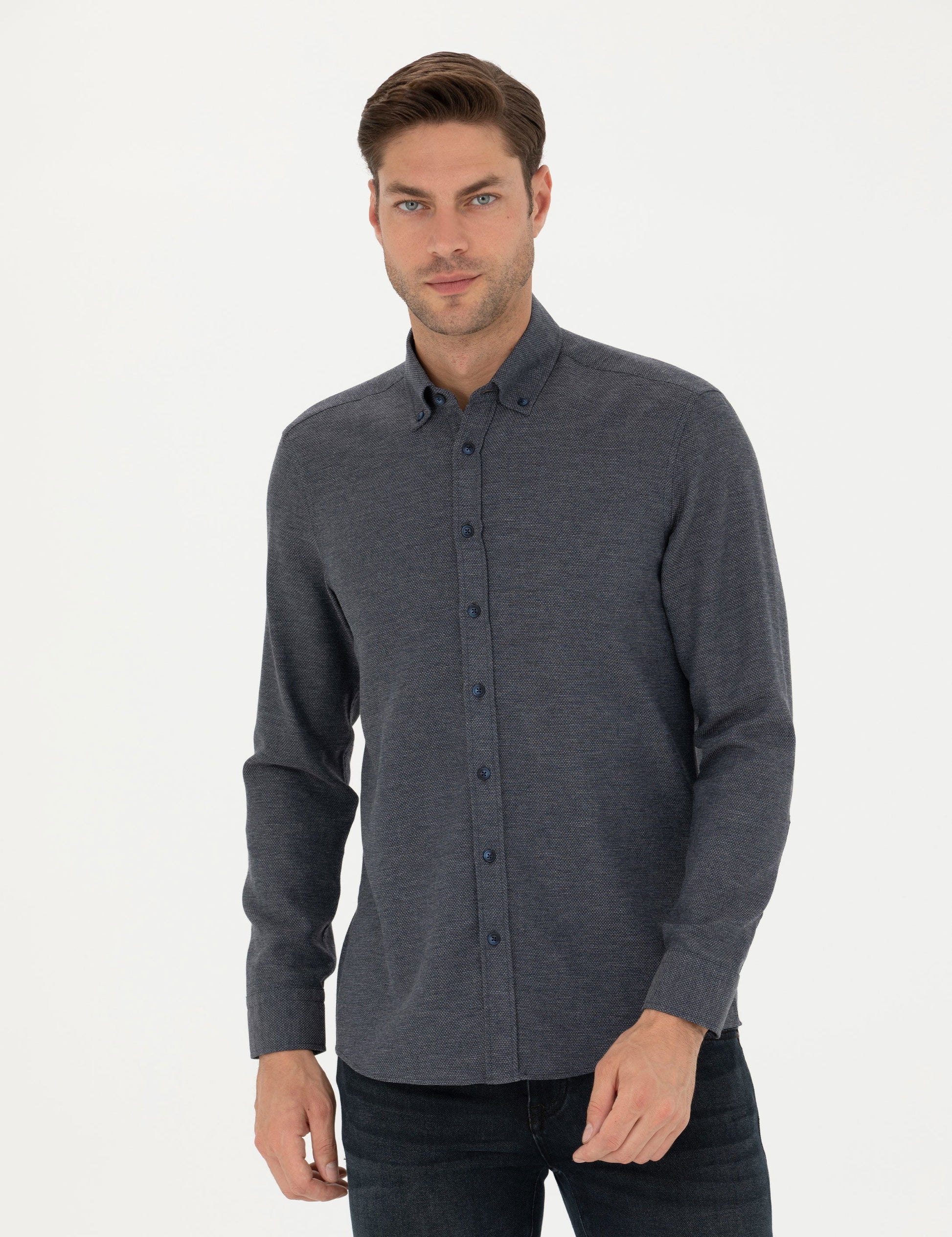 Navy Blue Slim Fit Long Sleeve Shirt