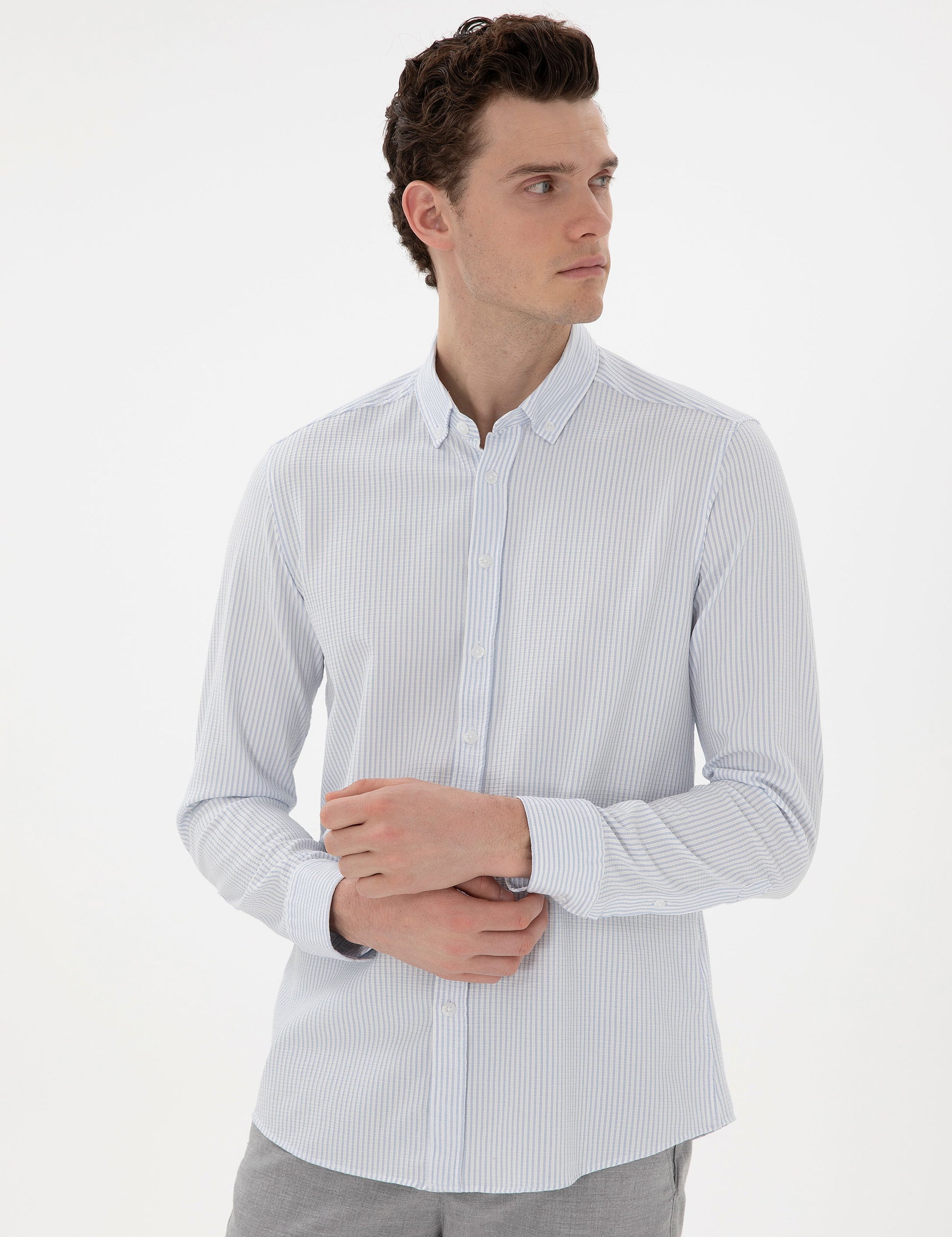 Light Blue Slim Fit Striped Long Sleeve Shirt