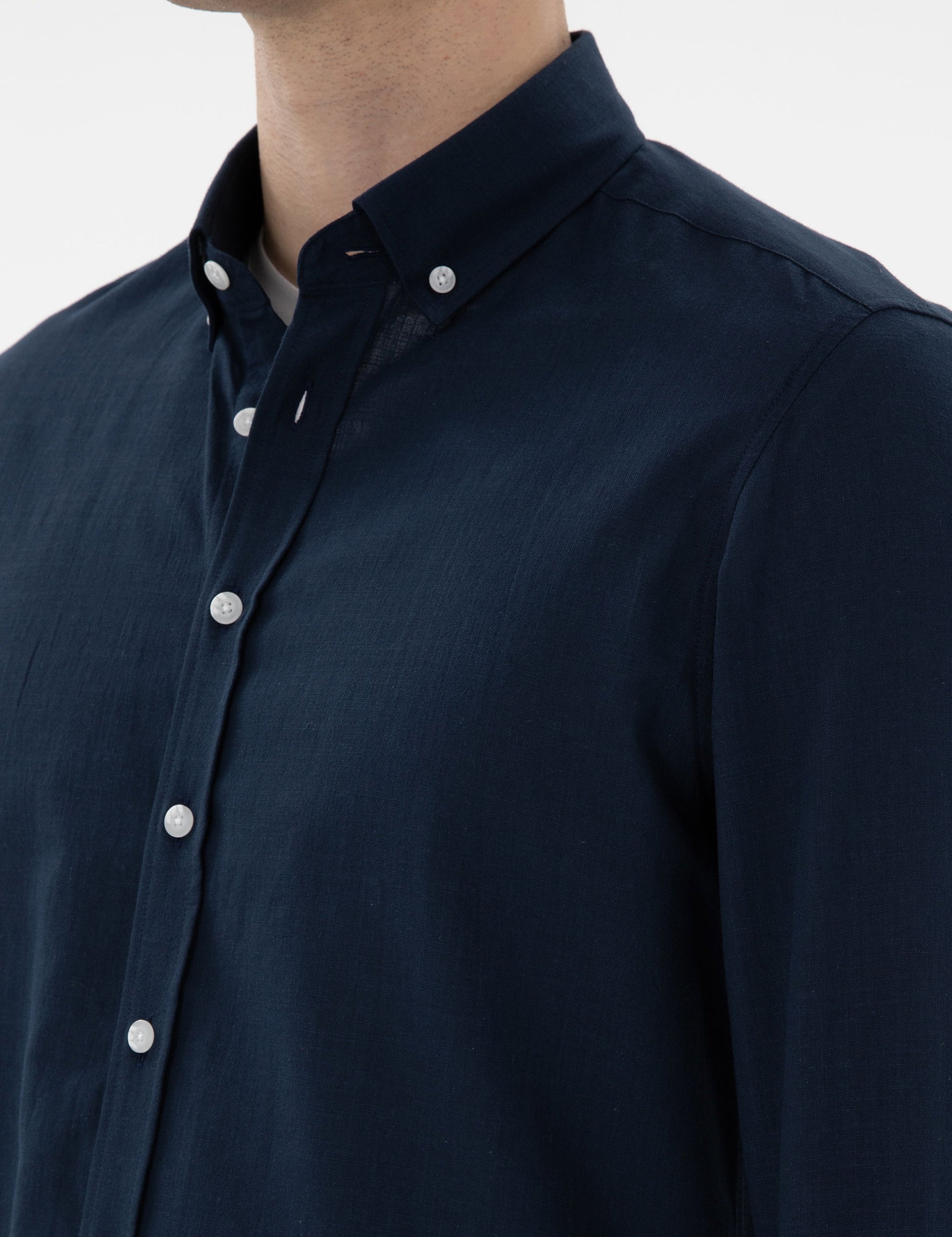 Navy Blue Slim Fit Linen Look Shirt