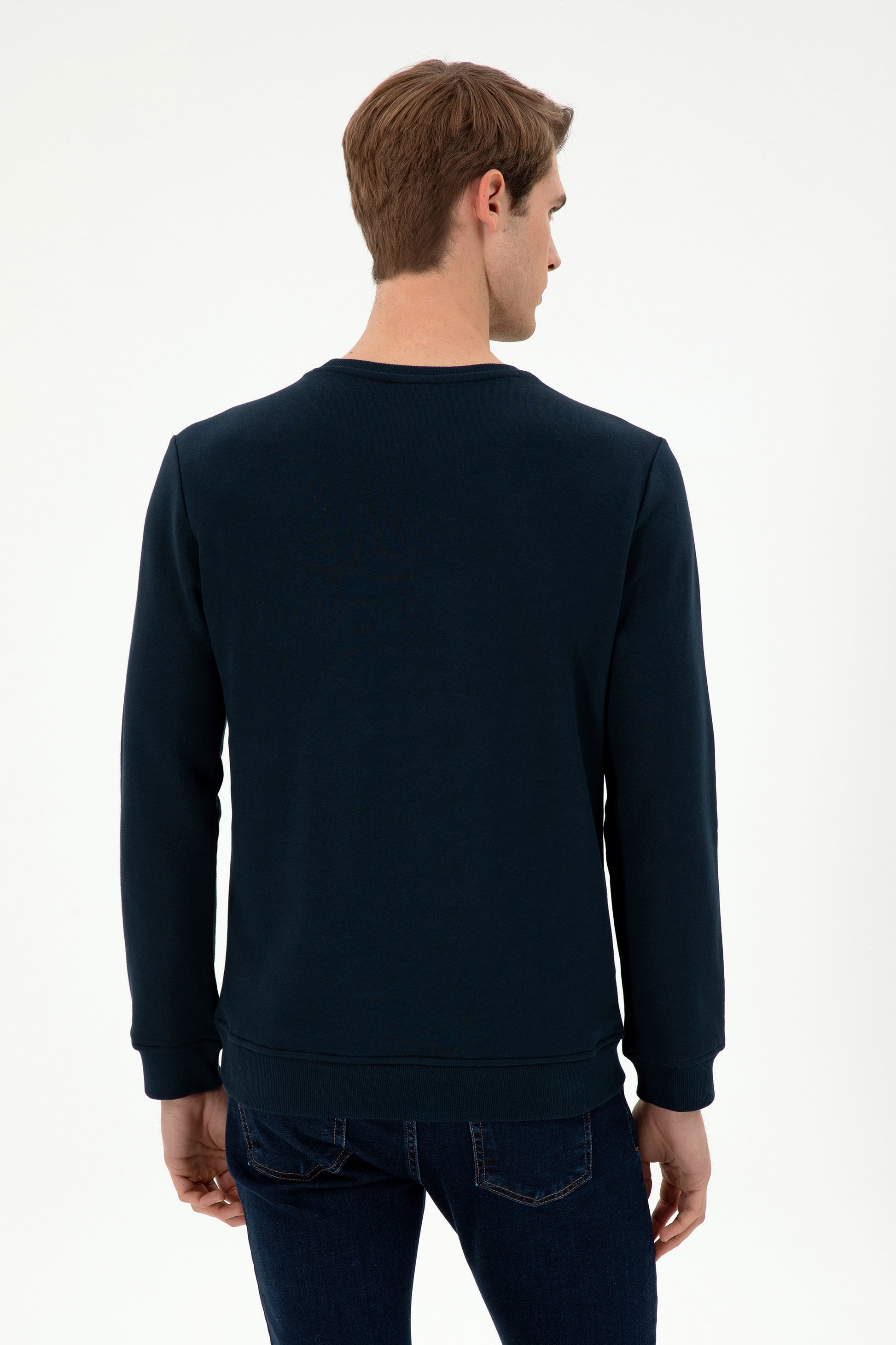 Men's Regular Fit Crew Neck Label Print Navy Sweatshirt