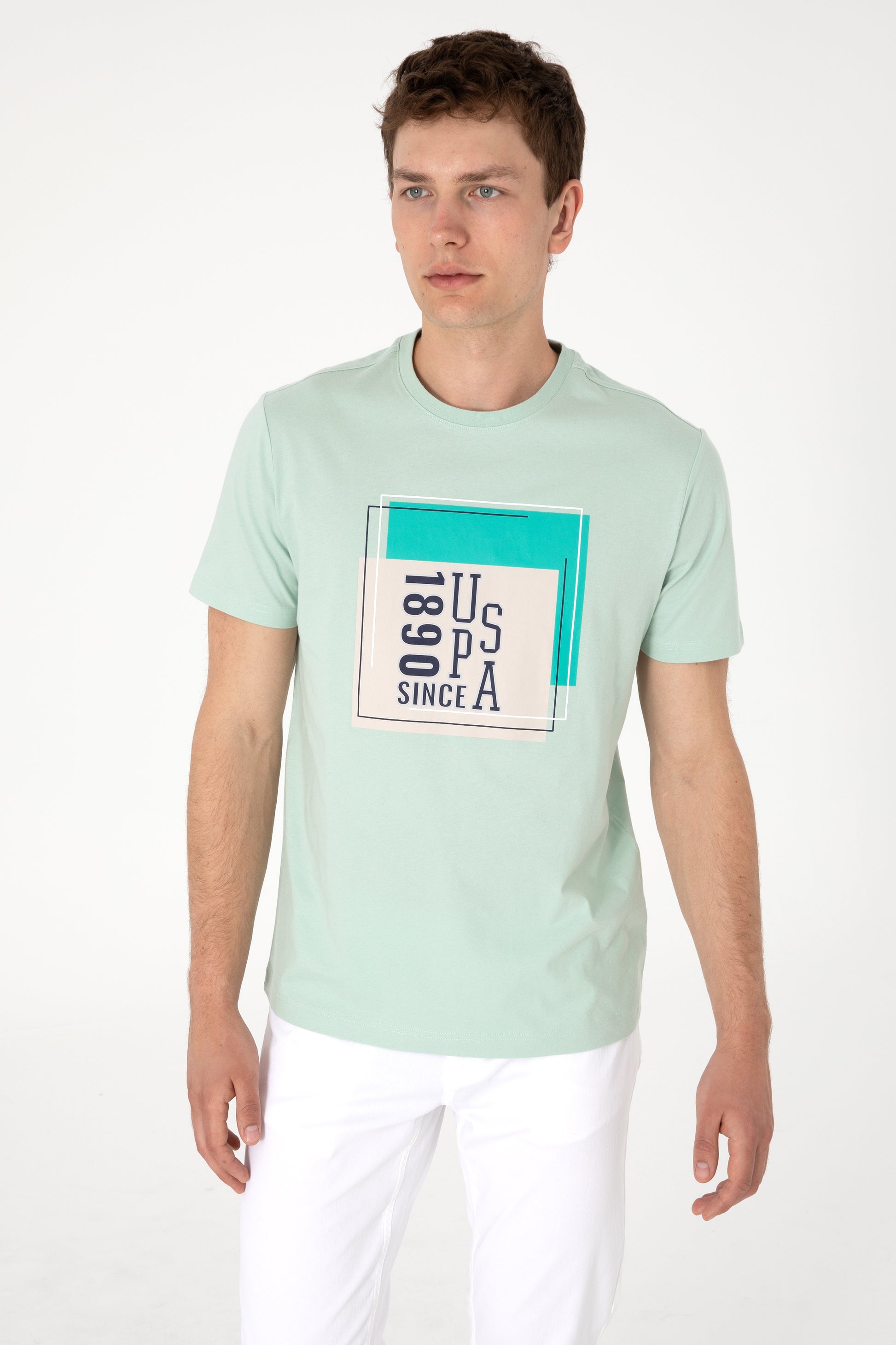 Men's Regular Fit Crew Neck Water Green T-Shirt
