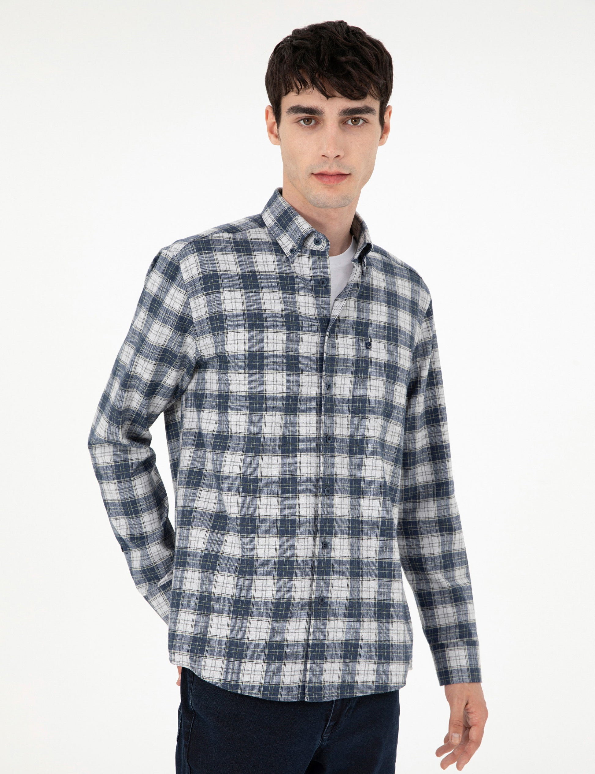 Navy Blue Plaid Regular Fit Long Sleeve Shirt
