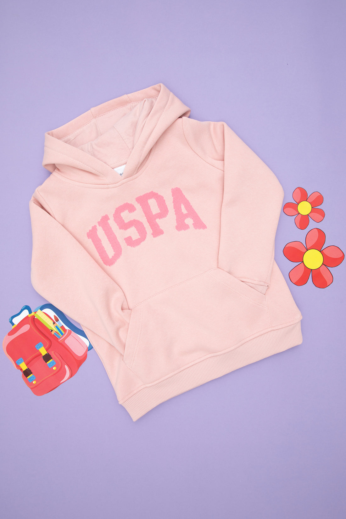 Girls' Powder Pink Hooded Basic Sweatshirt