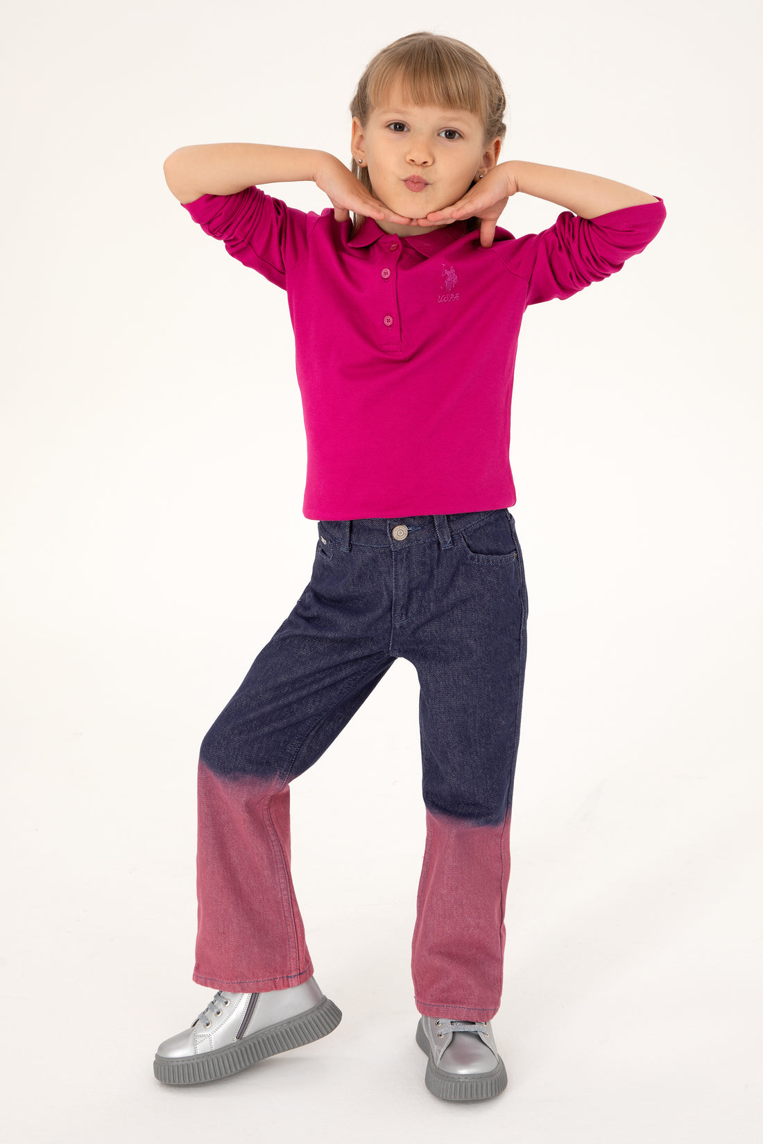 Girls' Fuchsia Polo Collar Basic Sweatshirt