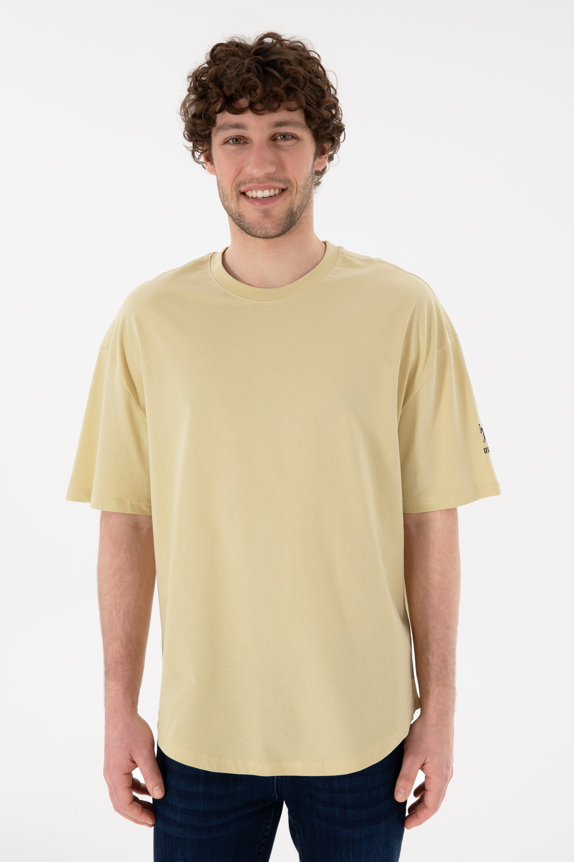 Men's Long Fit Crew Neck Open Khaki Basic T-Shirt