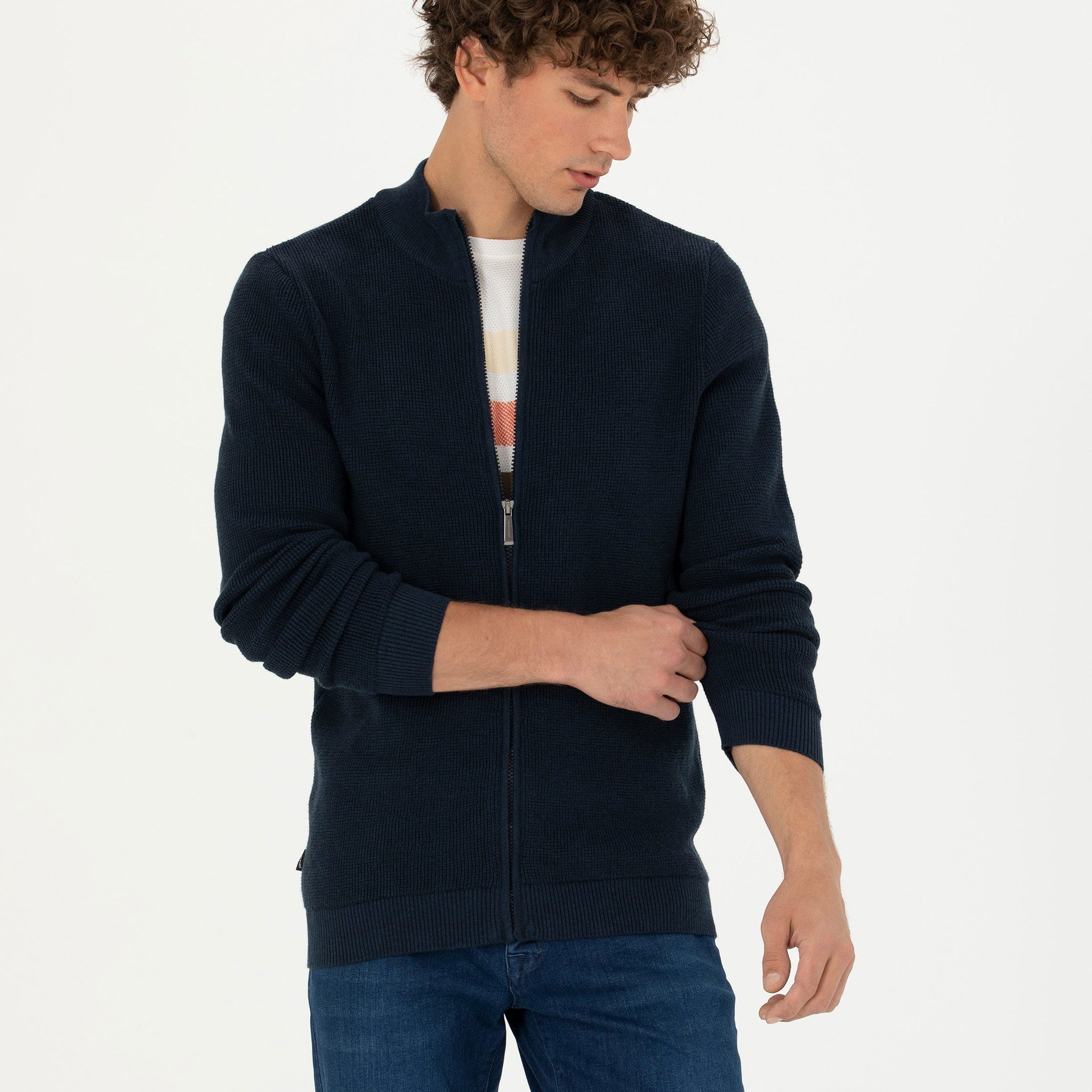 Navy Blue Melange Slim Fit Sweater Cardigan