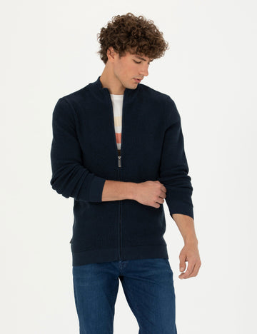 Navy Blue Melange Slim Fit Sweater Cardigan