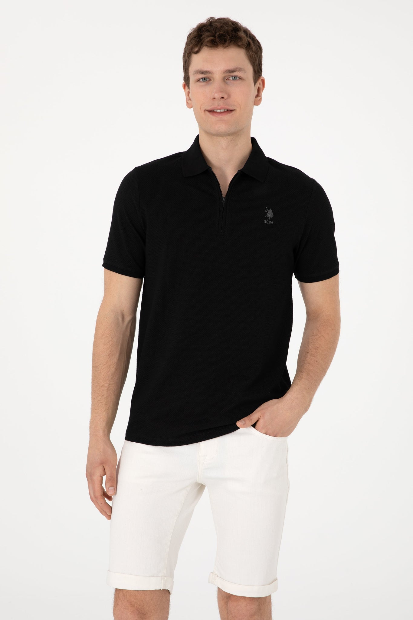 U.S. Polo Assn. - Men's Regular Fit Zipper Black Textured T-Shirt - M / Black / Regular