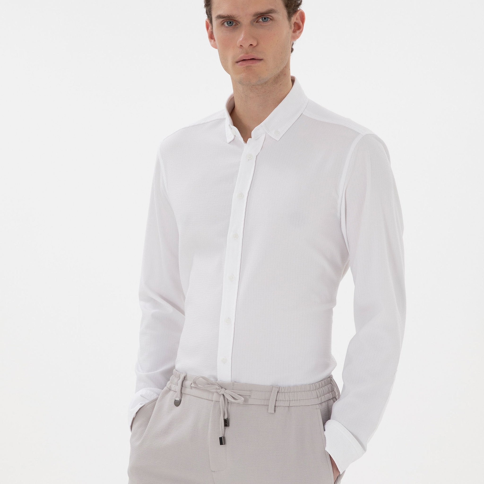 White Slim Fit Striped Long Sleeve Shirt