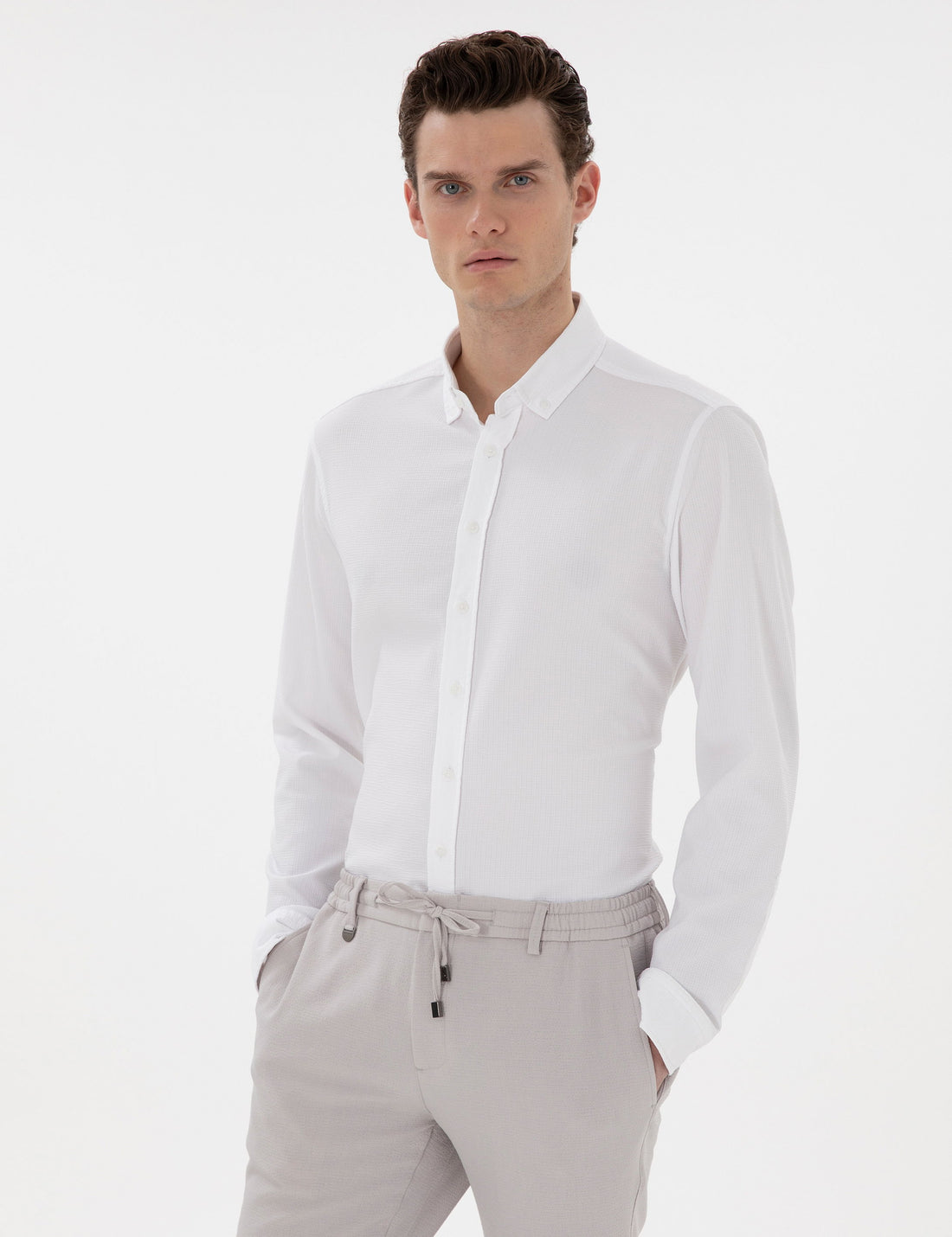 White Slim Fit Striped Long Sleeve Shirt