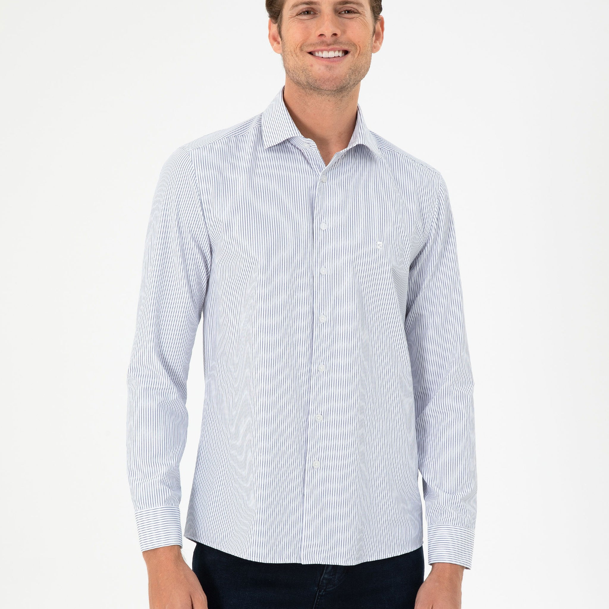 Light Blue Striped Slim Fit Long Sleeve Shirt