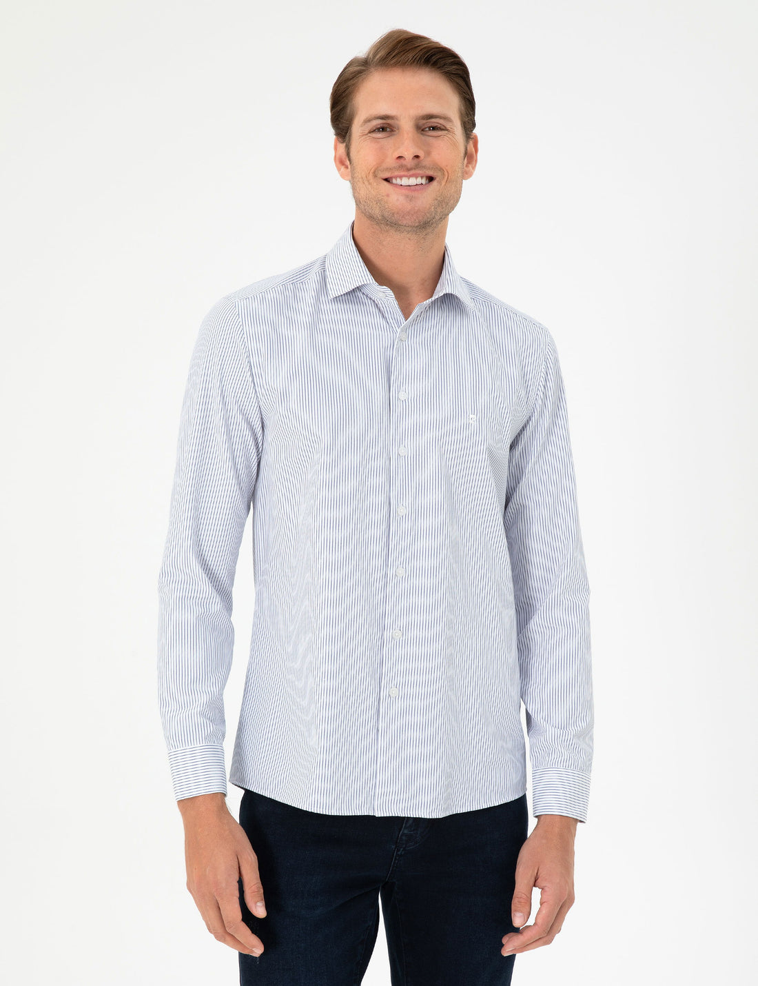 Light Blue Striped Slim Fit Long Sleeve Shirt