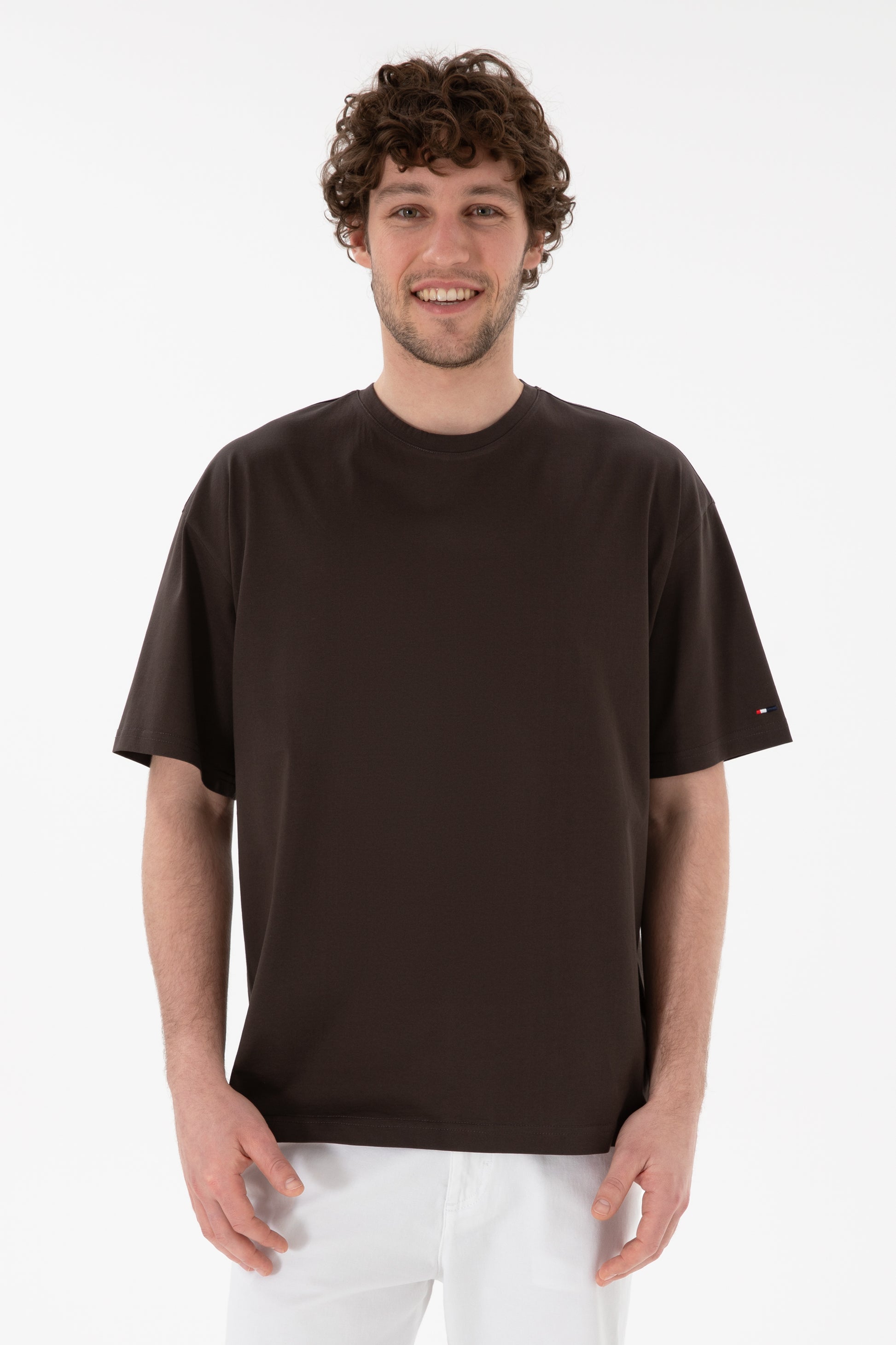 Men's Comfort Fit Crew Neck Brown Mercerized Basic T-Shirt