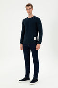 Men's Regular Fit Crew Neck Label Print Navy Sweatshirt