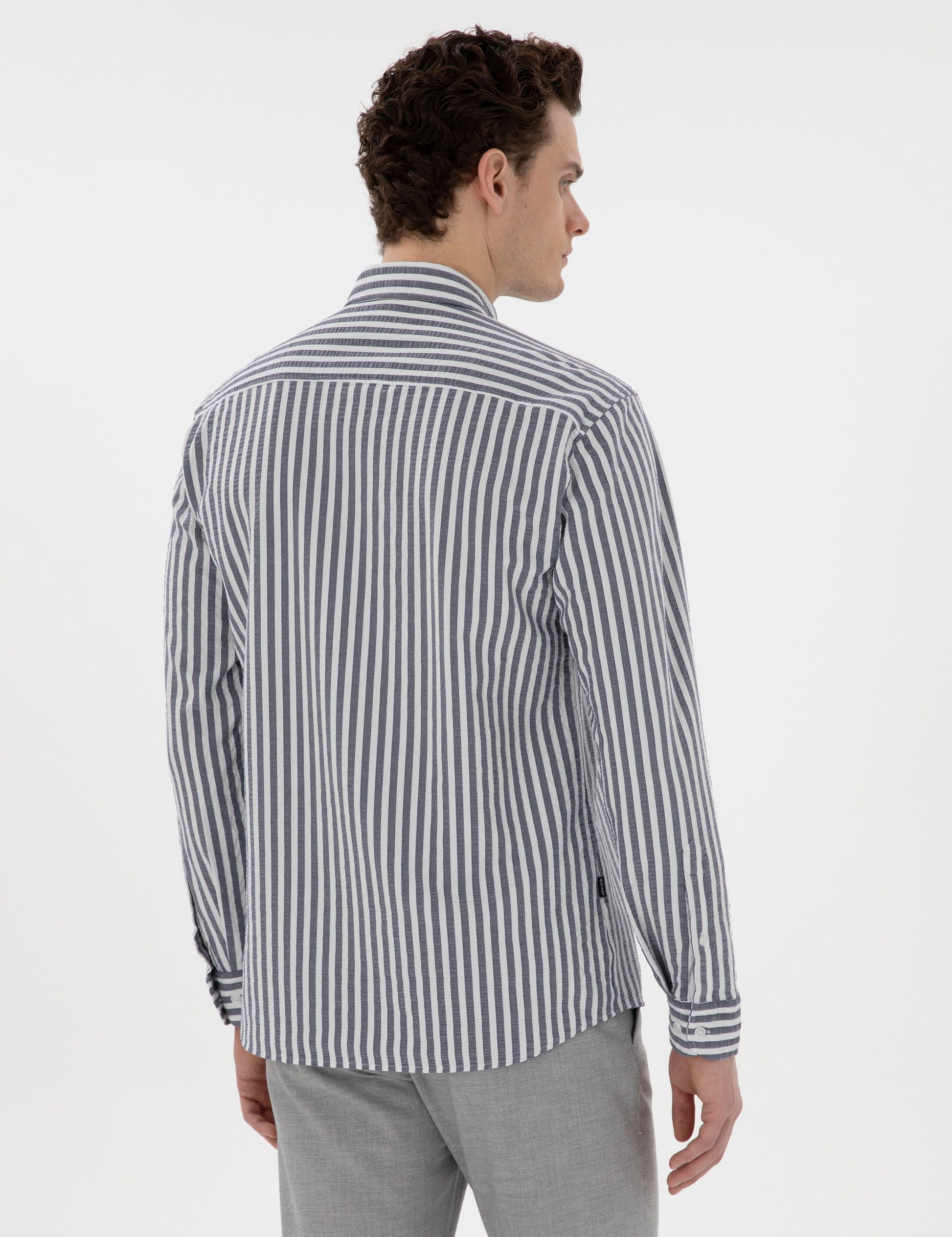 Navy Blue Regular Fit Striped Long Sleeve Shirt