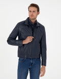Navy Blue Leather Jacket