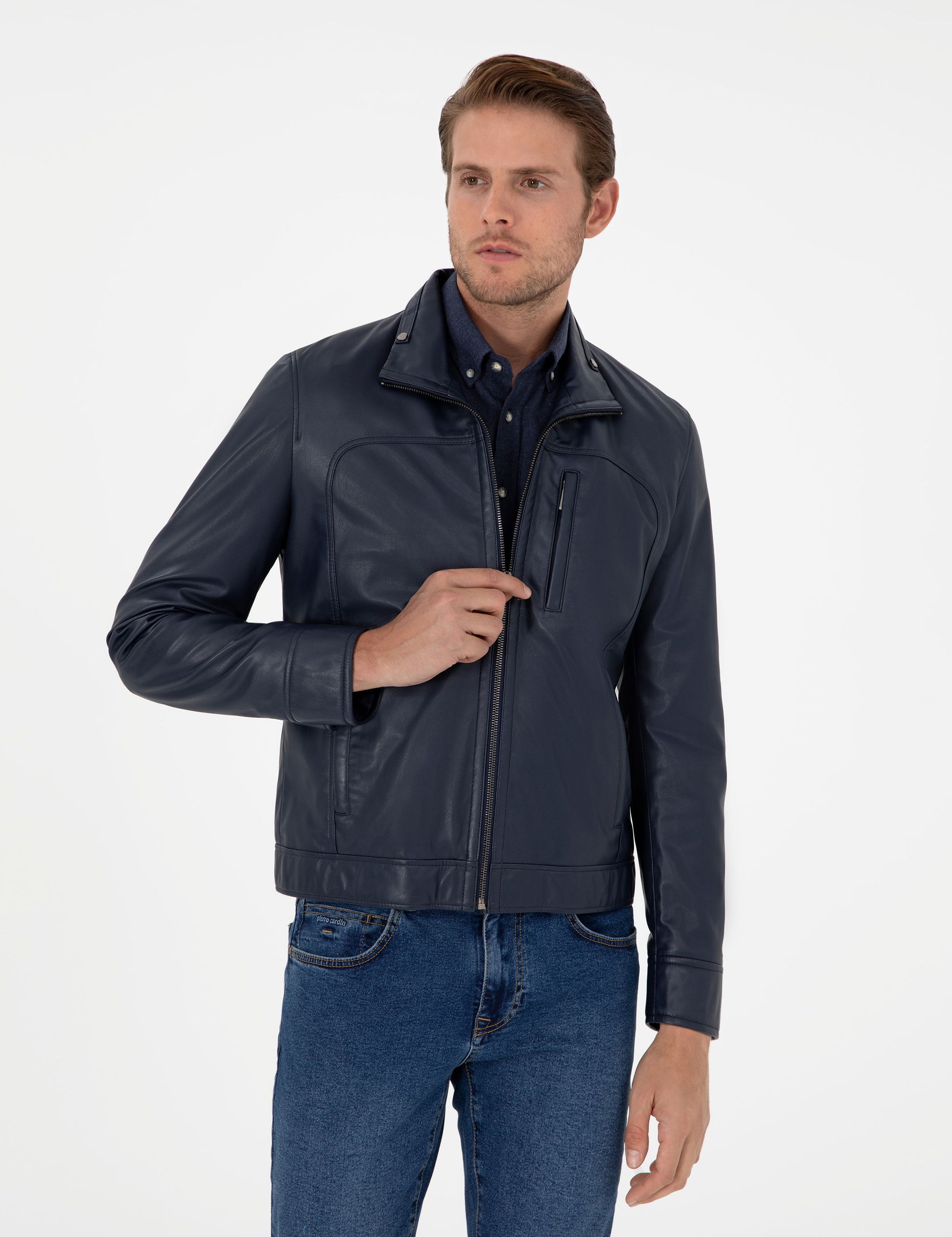 Navy Blue Leather Jacket