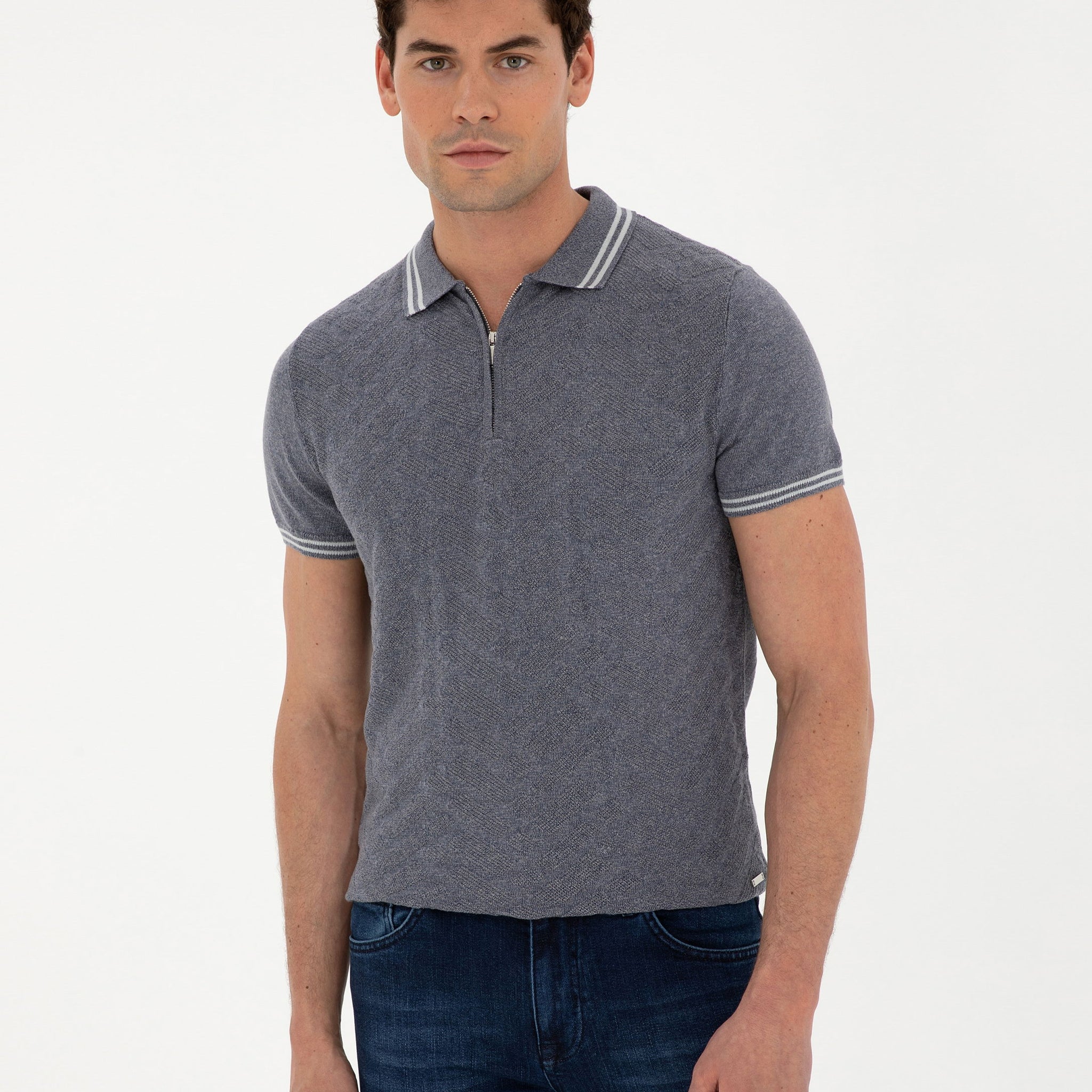 Indigo Slim Fit Zipper Polo Neck Linen Blend Knitwear T-Shirt