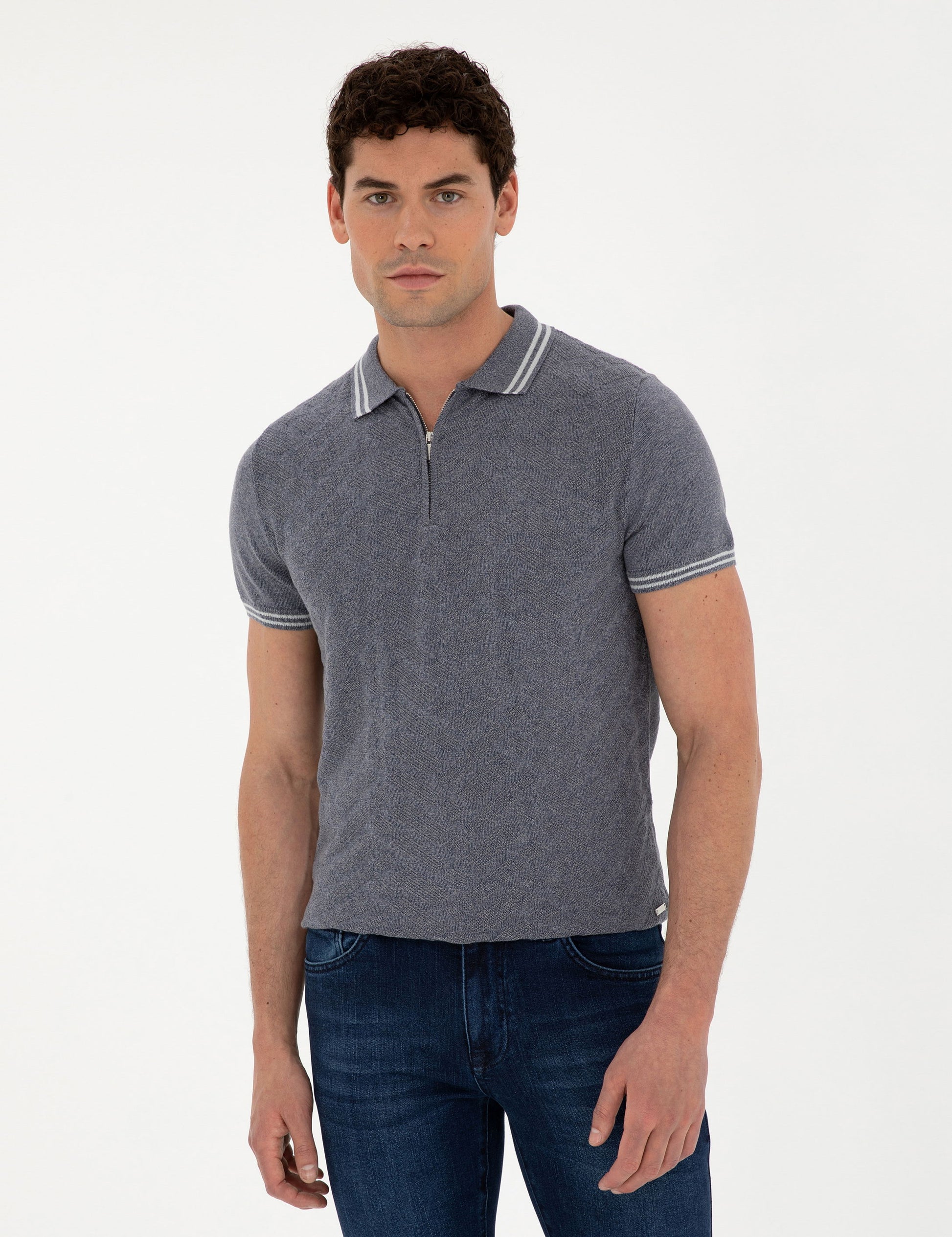 Indigo Slim Fit Zipper Polo Neck Linen Blend Knitwear T-Shirt