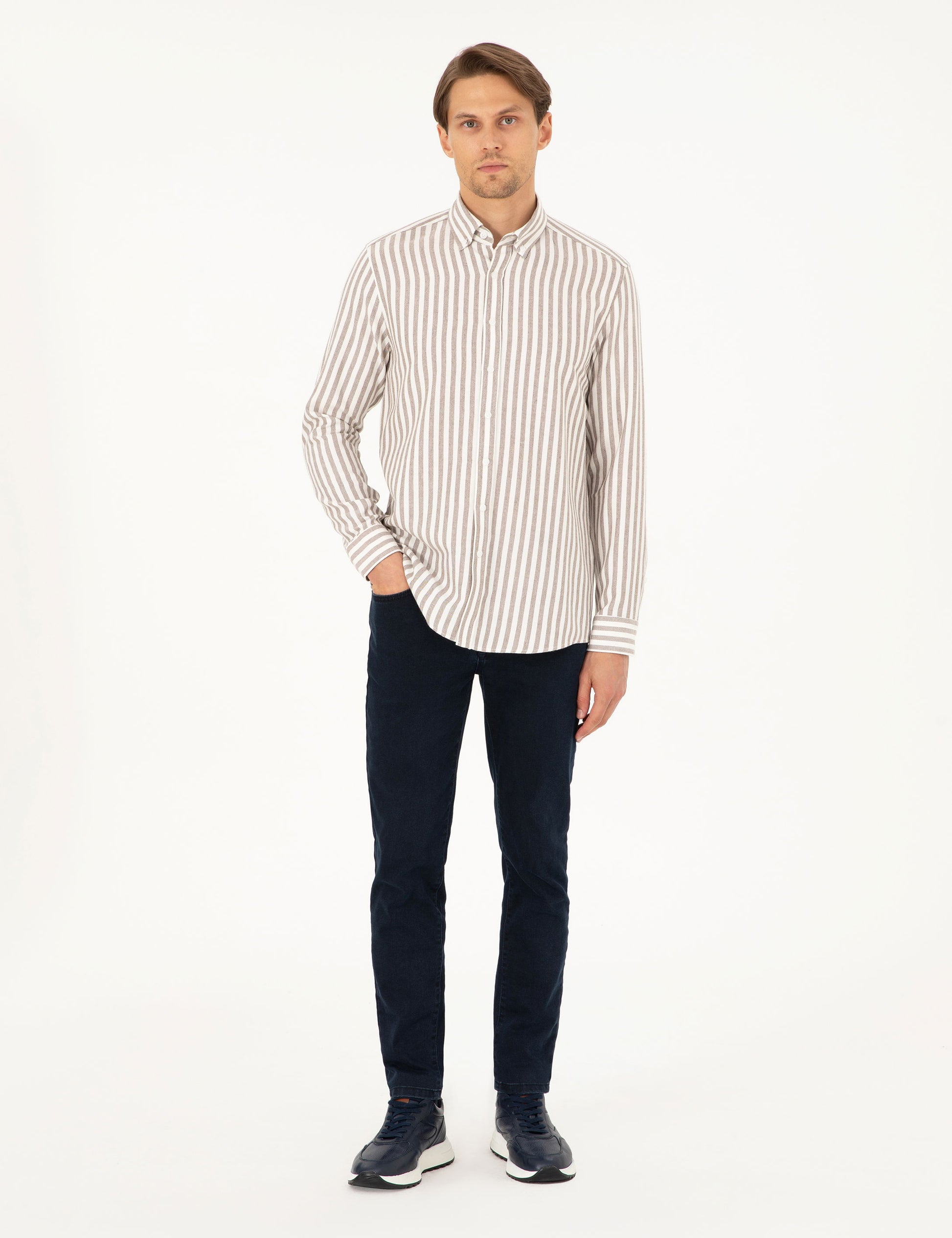 Brown Regular Fit Striped Long Sleeve Shirt