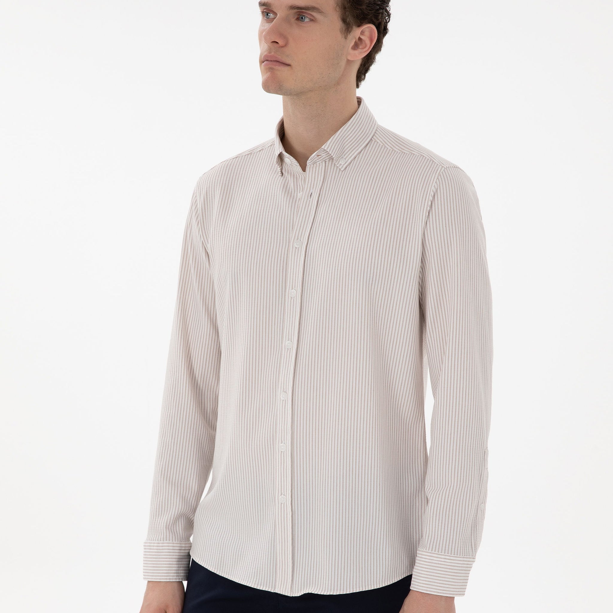 Beige Slim Fit Striped Long Sleeve Shirt