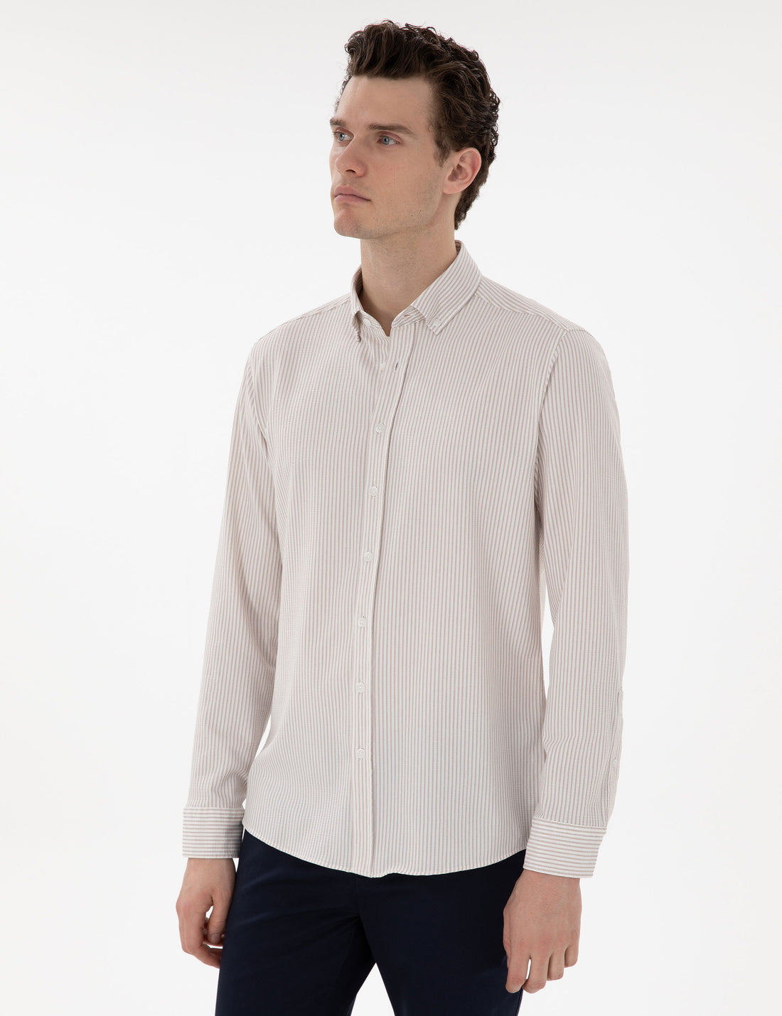 Beige Slim Fit Striped Long Sleeve Shirt