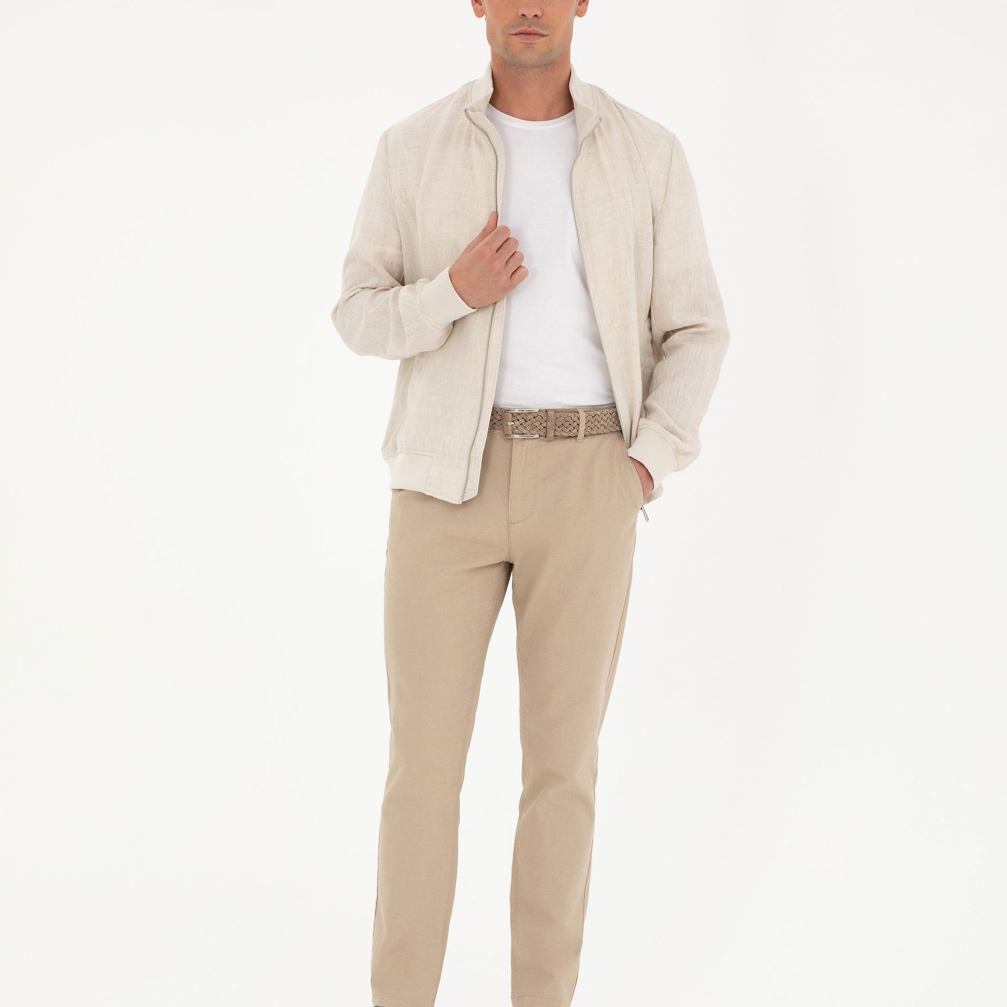 Beige Carrot Fit Linen Blended Canvas Pants