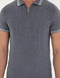 Indigo Slim Fit Zipper Polo Neck Linen Blend Knitwear T-Shirt