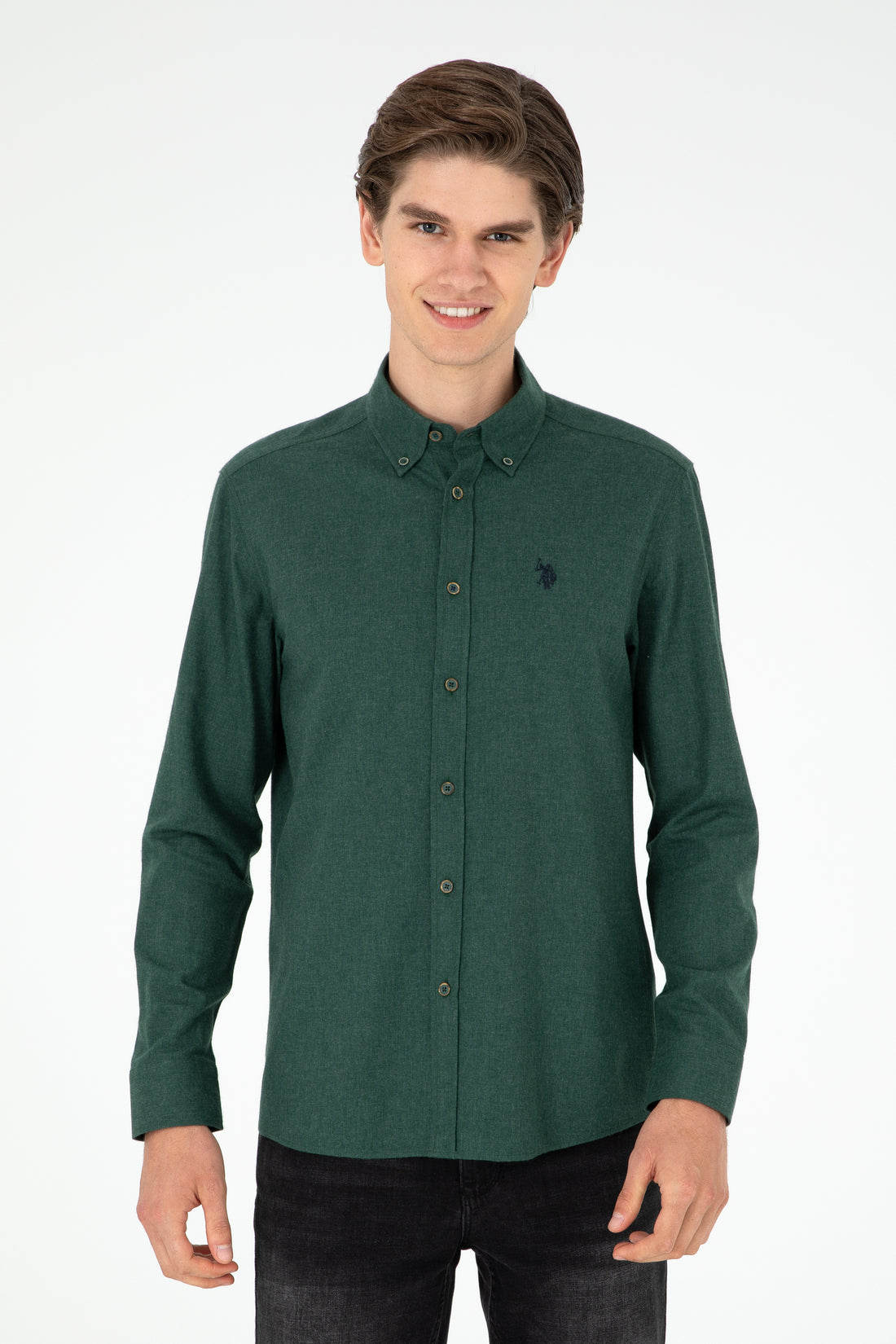 Men's Dark Green Long Sleeve Basic Shirt