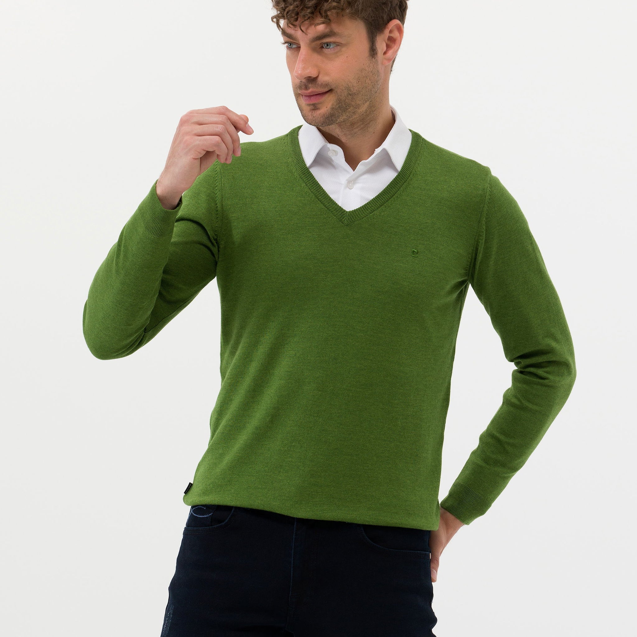 Green Slim Fit V Neck Basic Knitwear Sweater