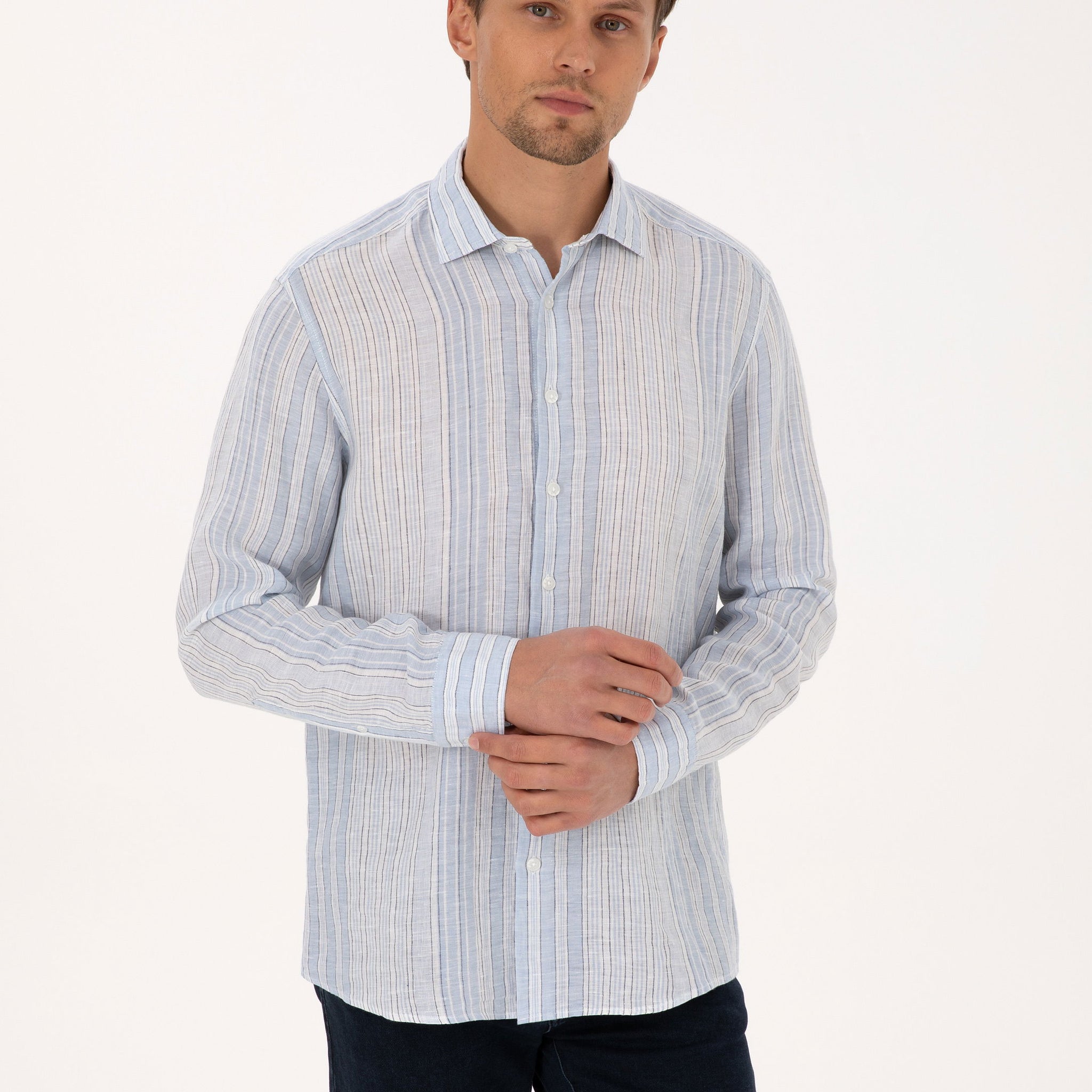 Light Blue 100% Linen Long Sleeve Shirt