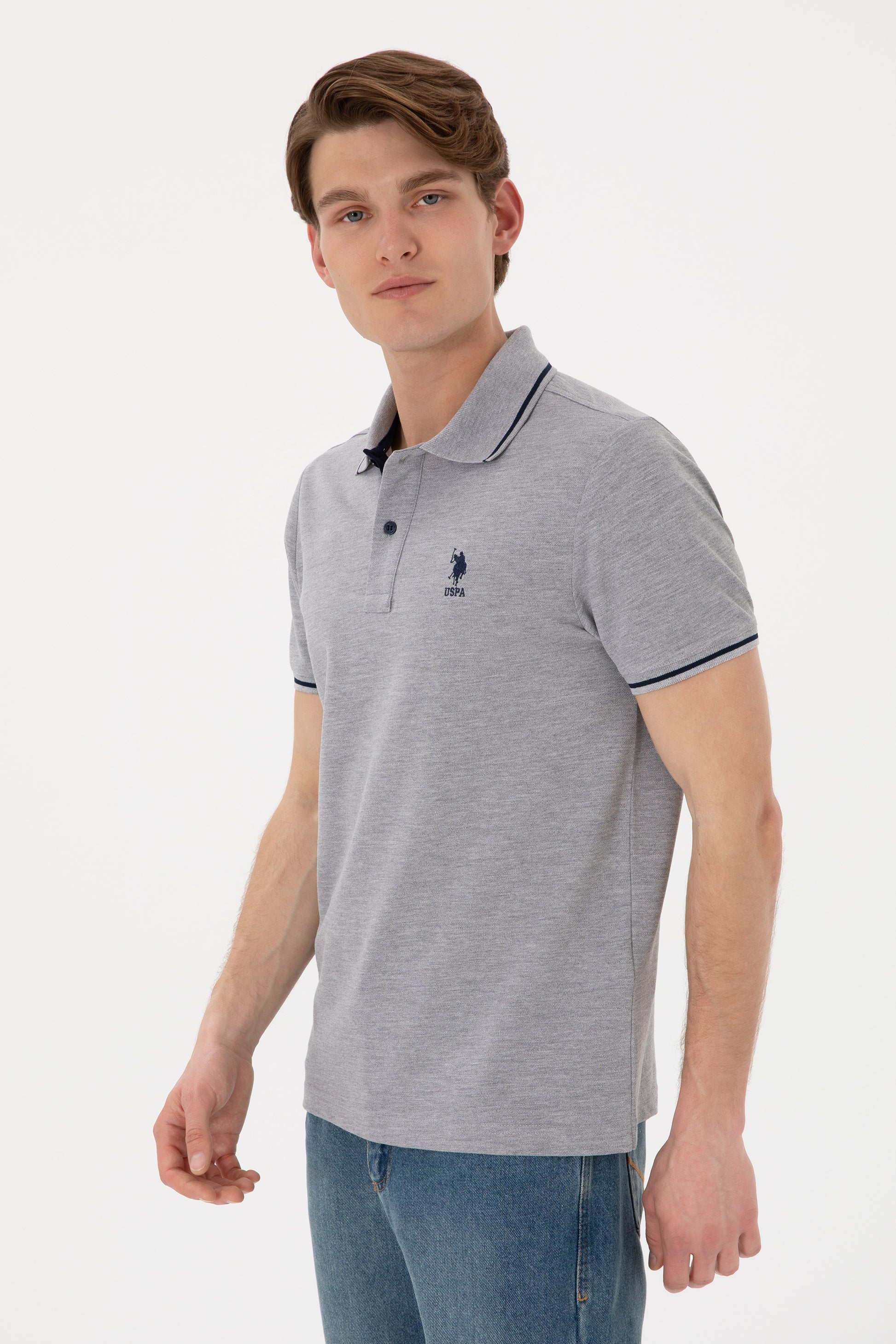 Men's Slim Fit Polo Neck Grey Melange Basic T-Shirt