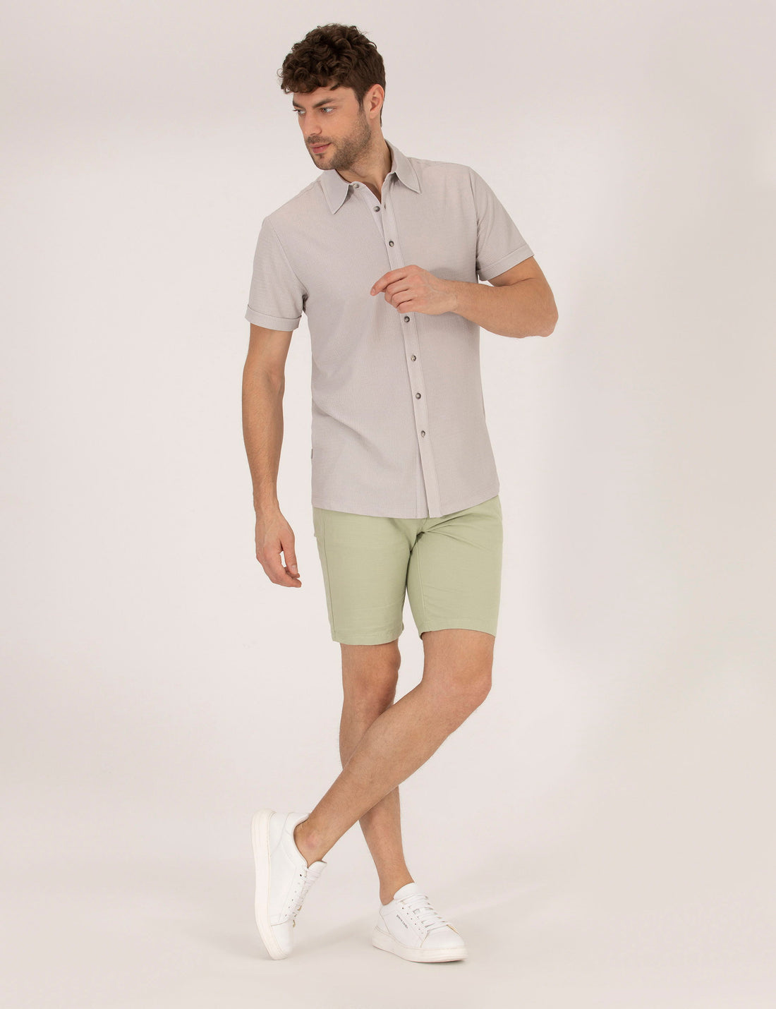 Light Green Slim Fit Linen Blended Bermuda Shorts