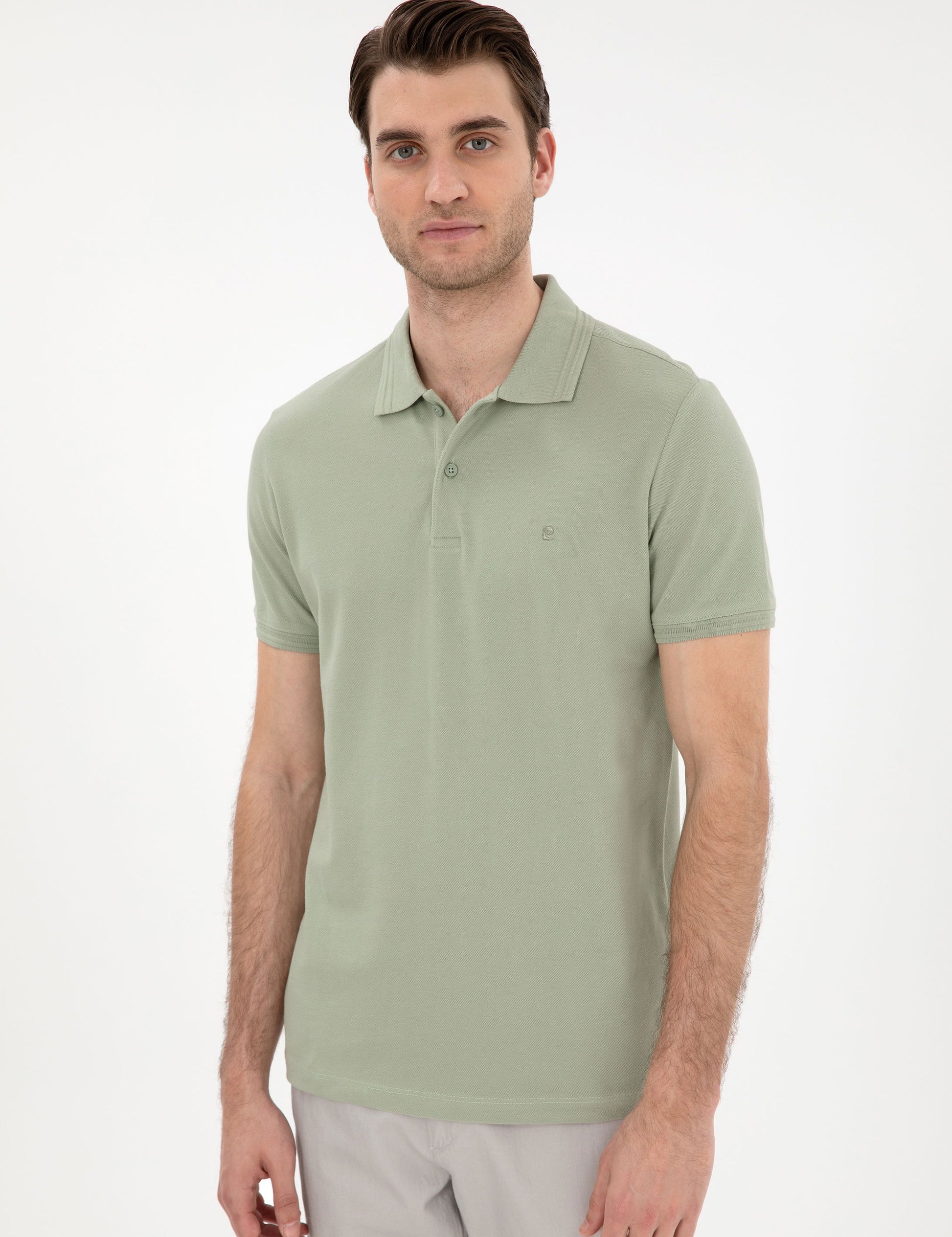 Cagla Green Slim Fit 100% Cotton Polo Neck Basic T-Shirt