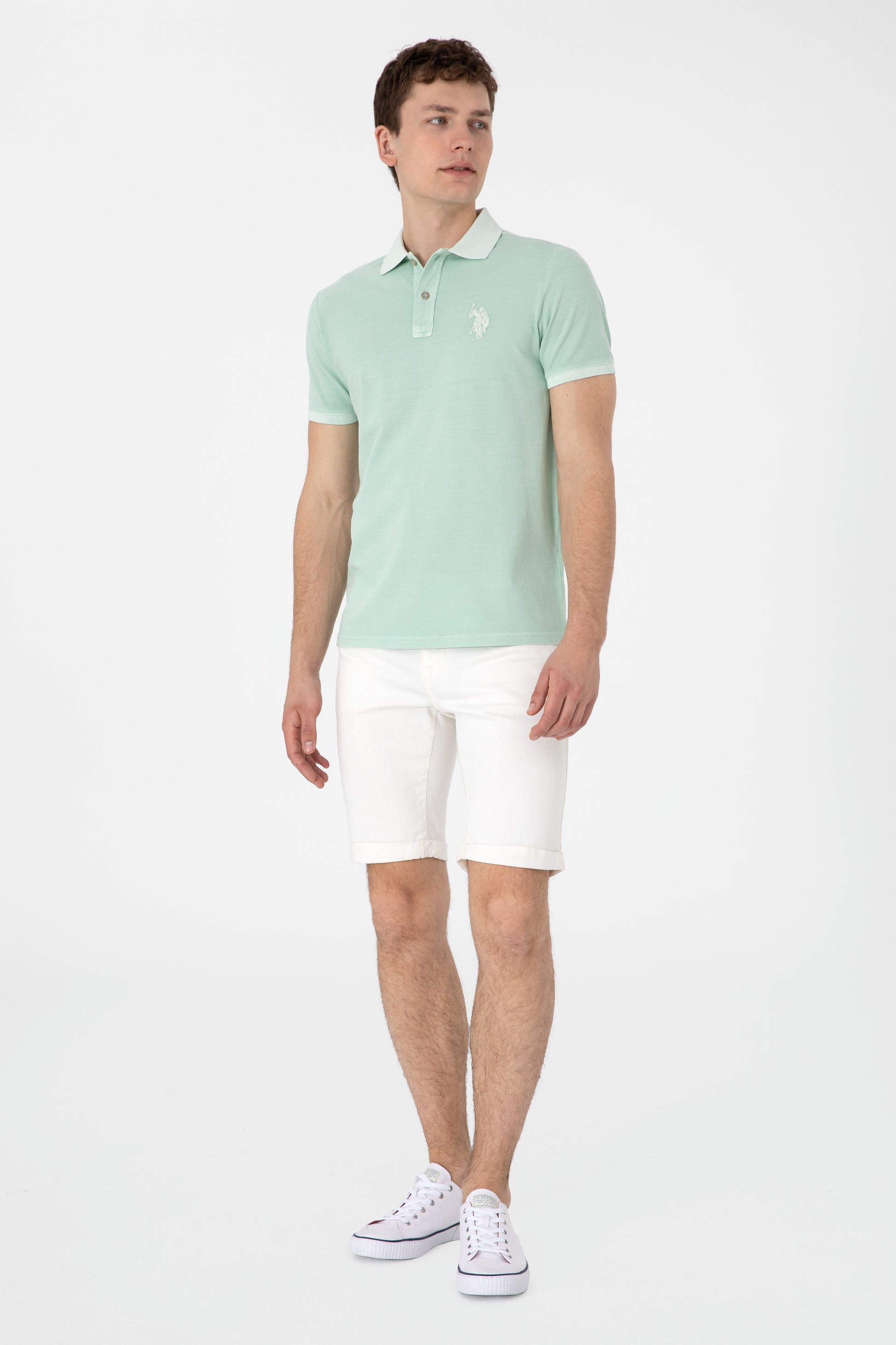 Men's Slim Fit Polo Neck Water Green Wash Basic T-Shirt