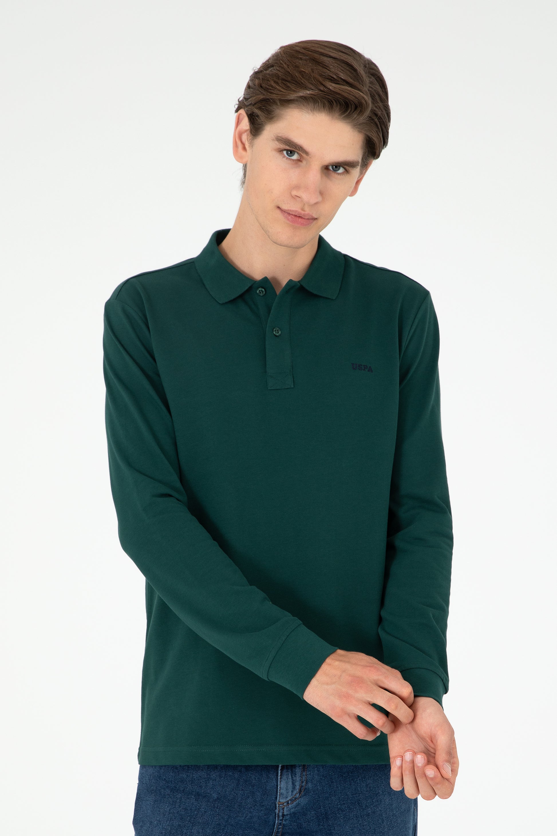 Men's Regular Fit Polo Neck Dark Green Basic Sweatshirt