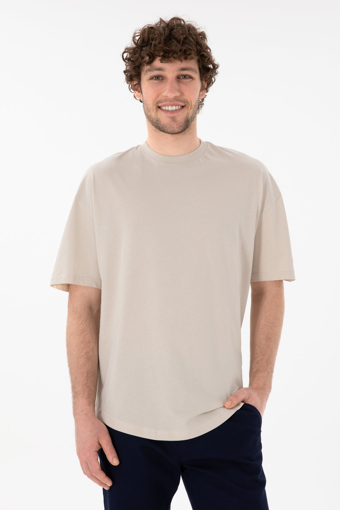 Men's Long Fit Crew Neck Stone Basic T-Shirt