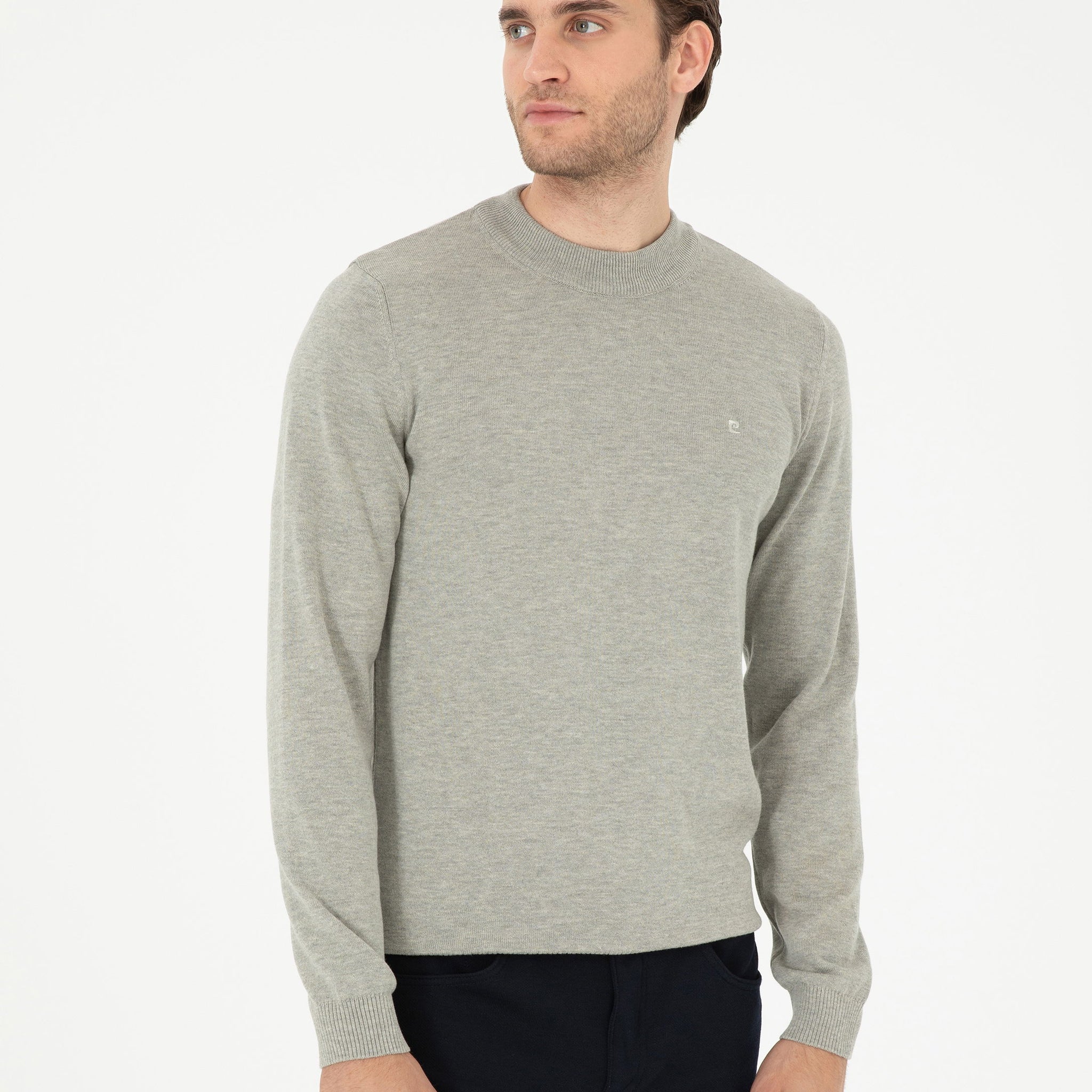 Light Grey Melange Slim Fit Quarter Neck Basic Knitwear Sweater