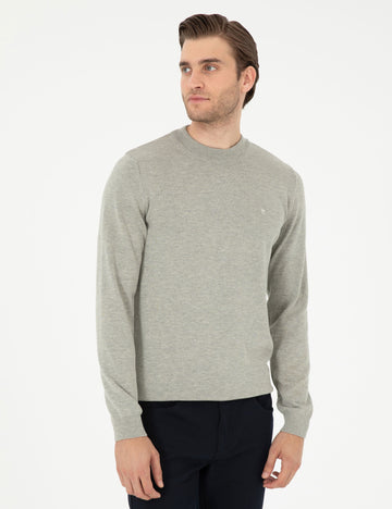 Light Grey Melange Slim Fit Quarter Neck Basic Knitwear Sweater