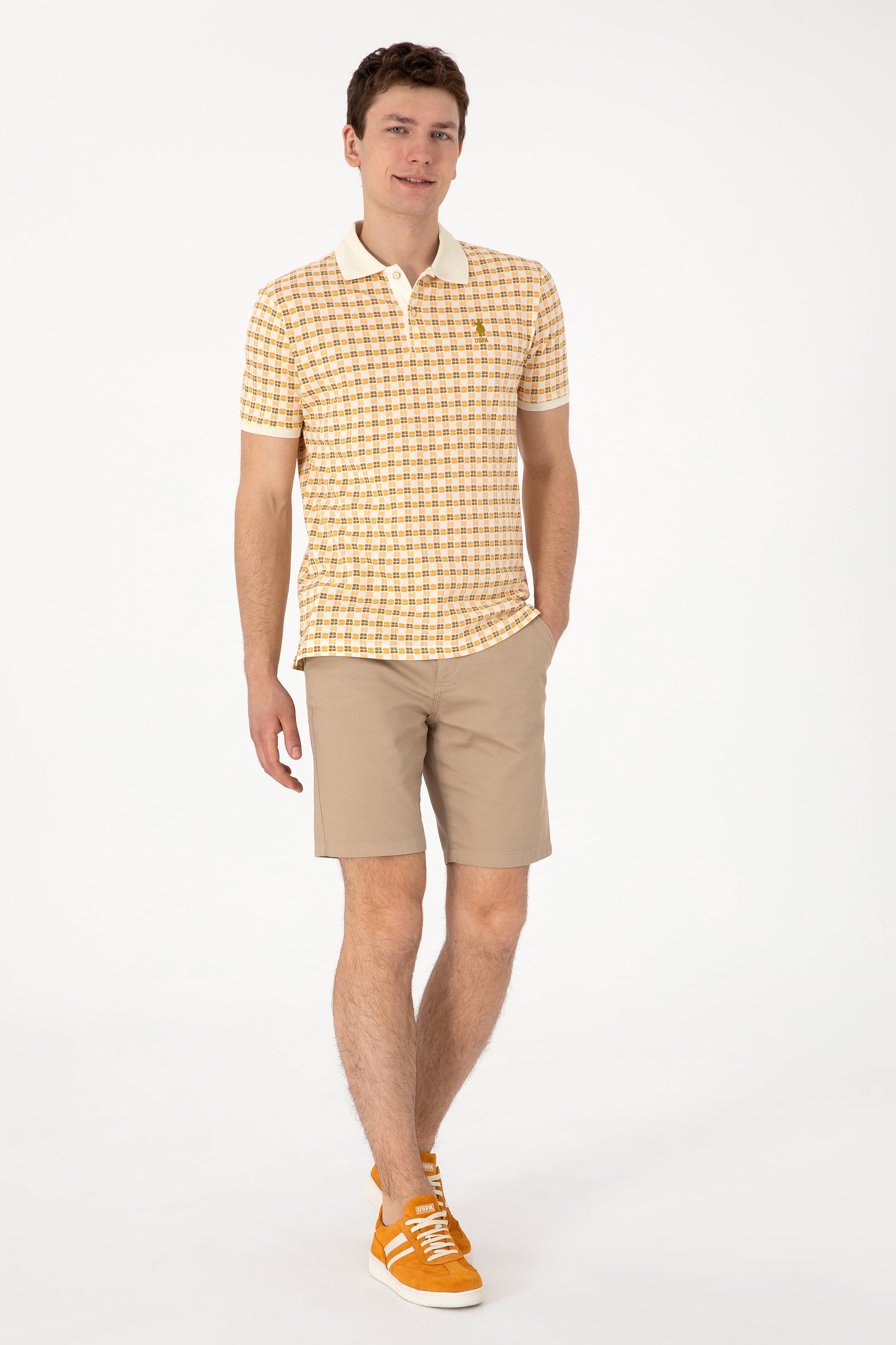 Men's Regular Fit Polo Neck Cream Print T-shirt