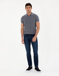 Indigo Slim Fit Zipper Polo Neck Linen Blend Knitwear T-Shirt